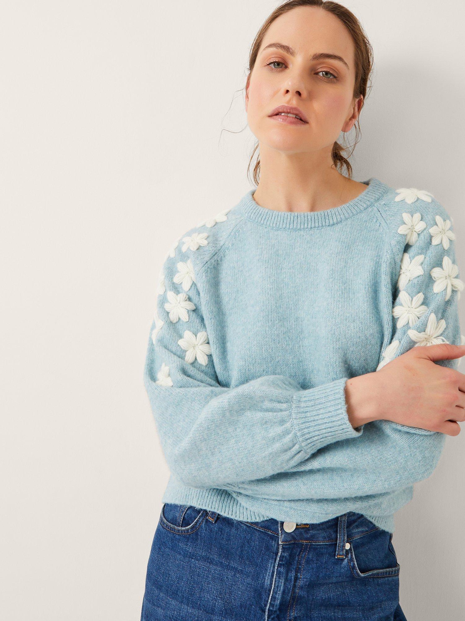 Product image 1 of 5, which shows Monsoon Eva Embroidered Sleeve Jumper, Blue, XXL
