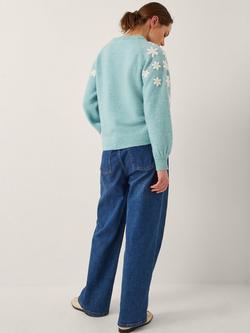 Monsoon Eva Embroidered Sleeve Jumper, Blue - view 2, Blue