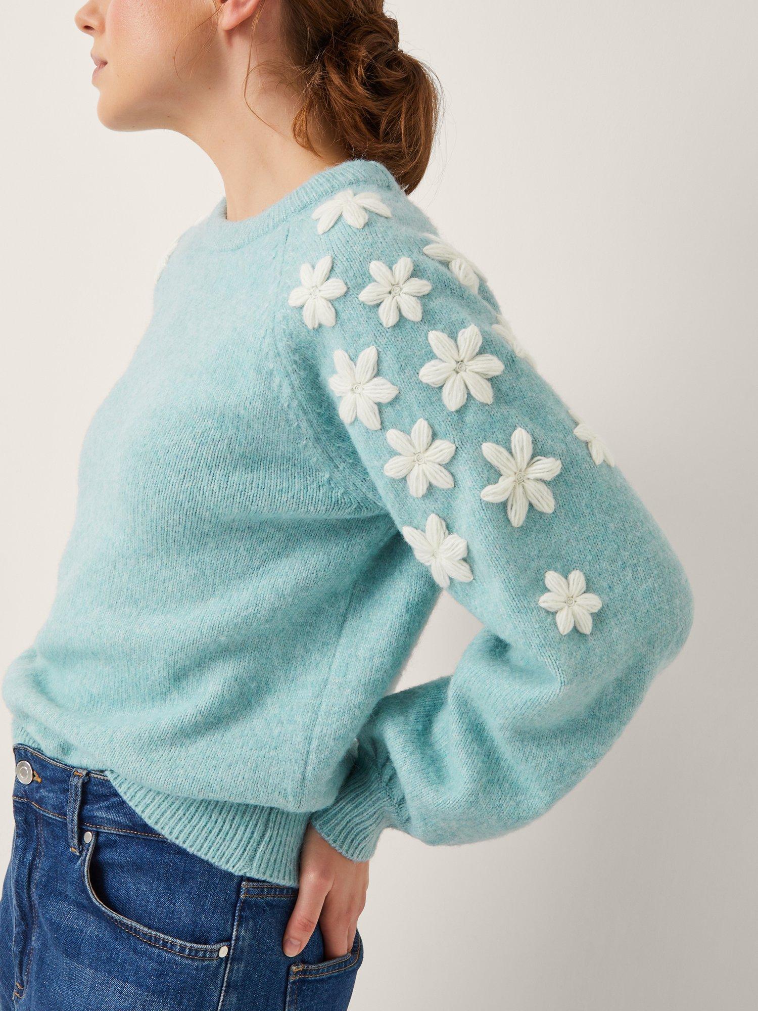 Product image 3 of 5, which shows Monsoon Eva Embroidered Sleeve Jumper, Blue, XXL