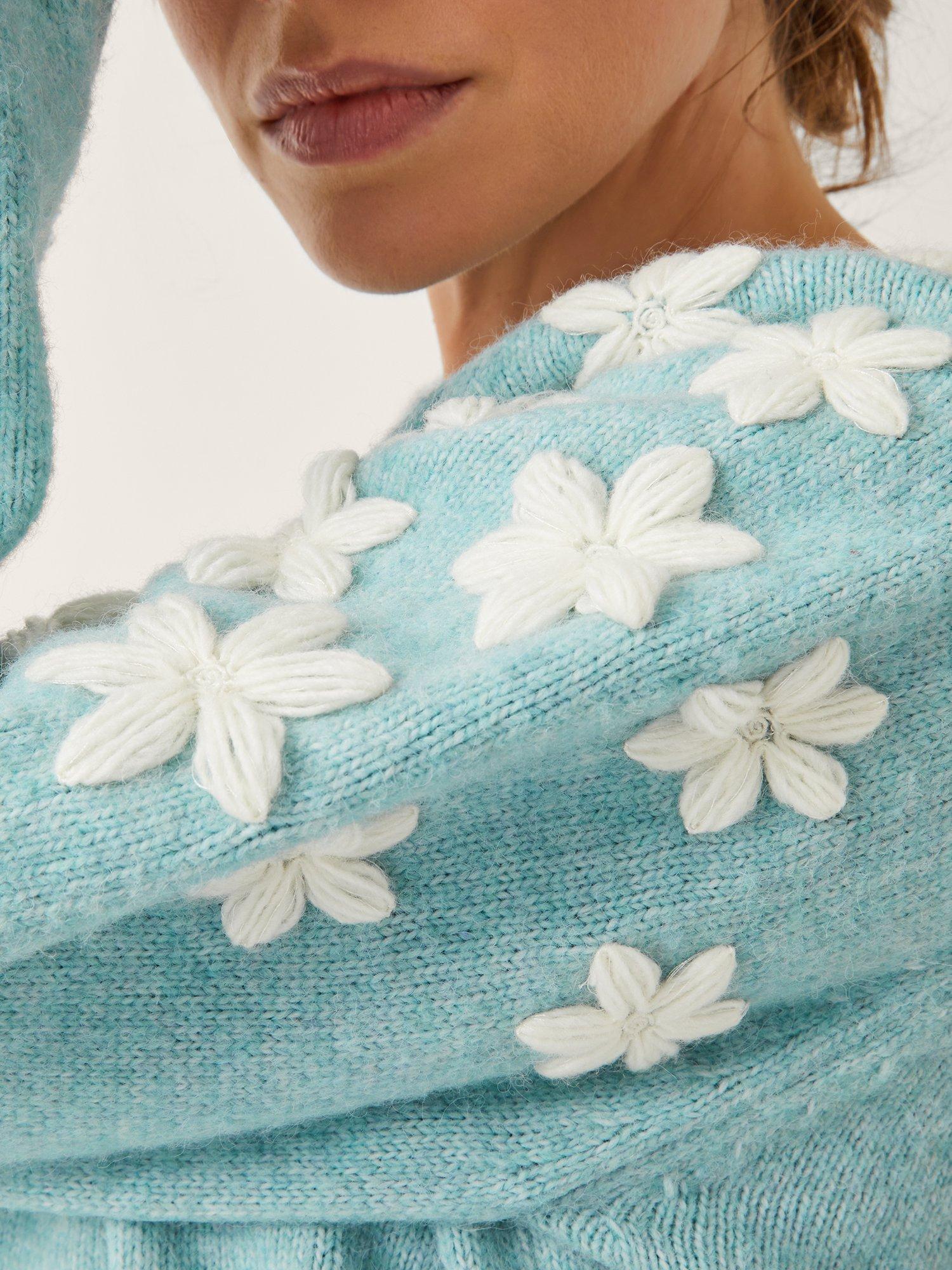 Product image 4 of 5, which shows Monsoon Eva Embroidered Sleeve Jumper, Blue, XXL