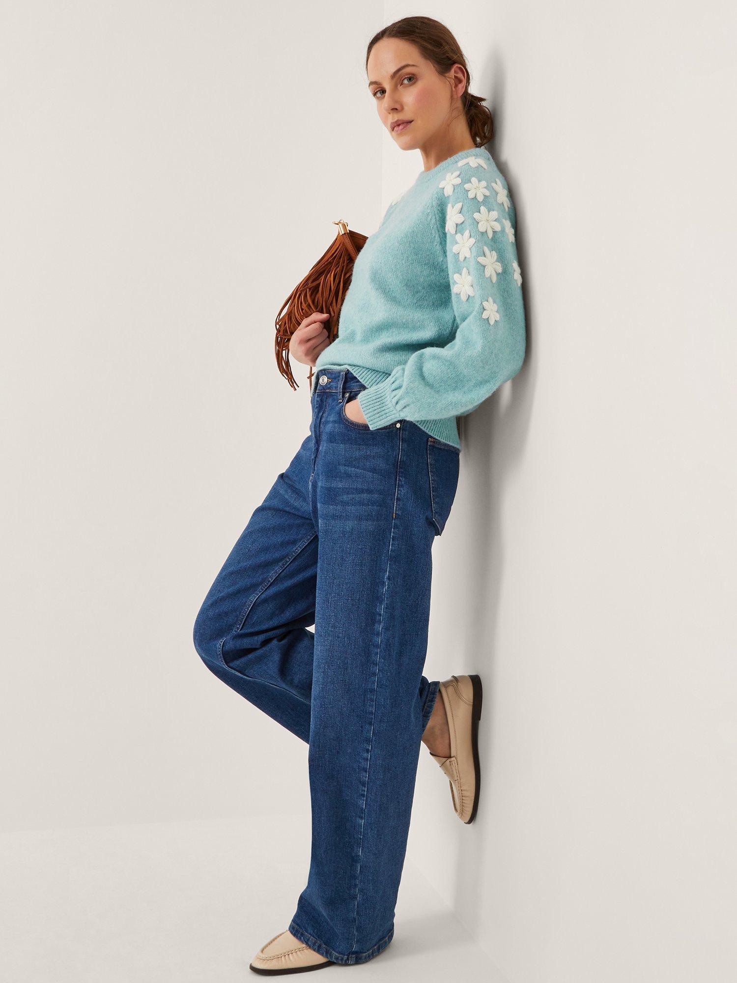 Product image 5 of 5, which shows Monsoon Eva Embroidered Sleeve Jumper, Blue, XXL