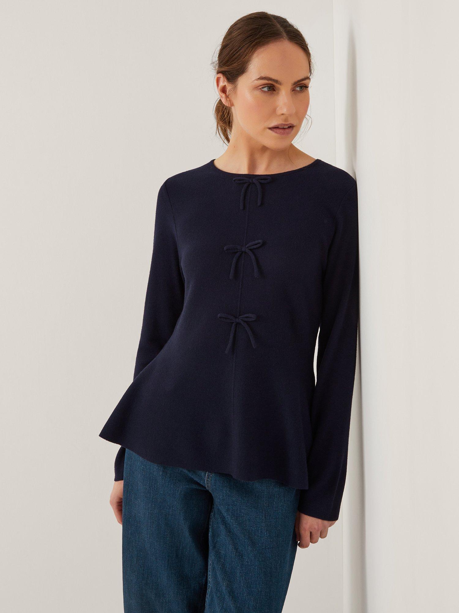 Product image 1 of 5, which shows Monsoon Paula Peplum Bow Jumper, Navy, 8