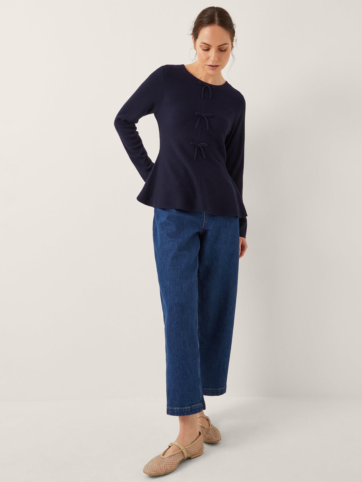 Product image 3 of 5, which shows Monsoon Paula Peplum Bow Jumper, Navy, 8