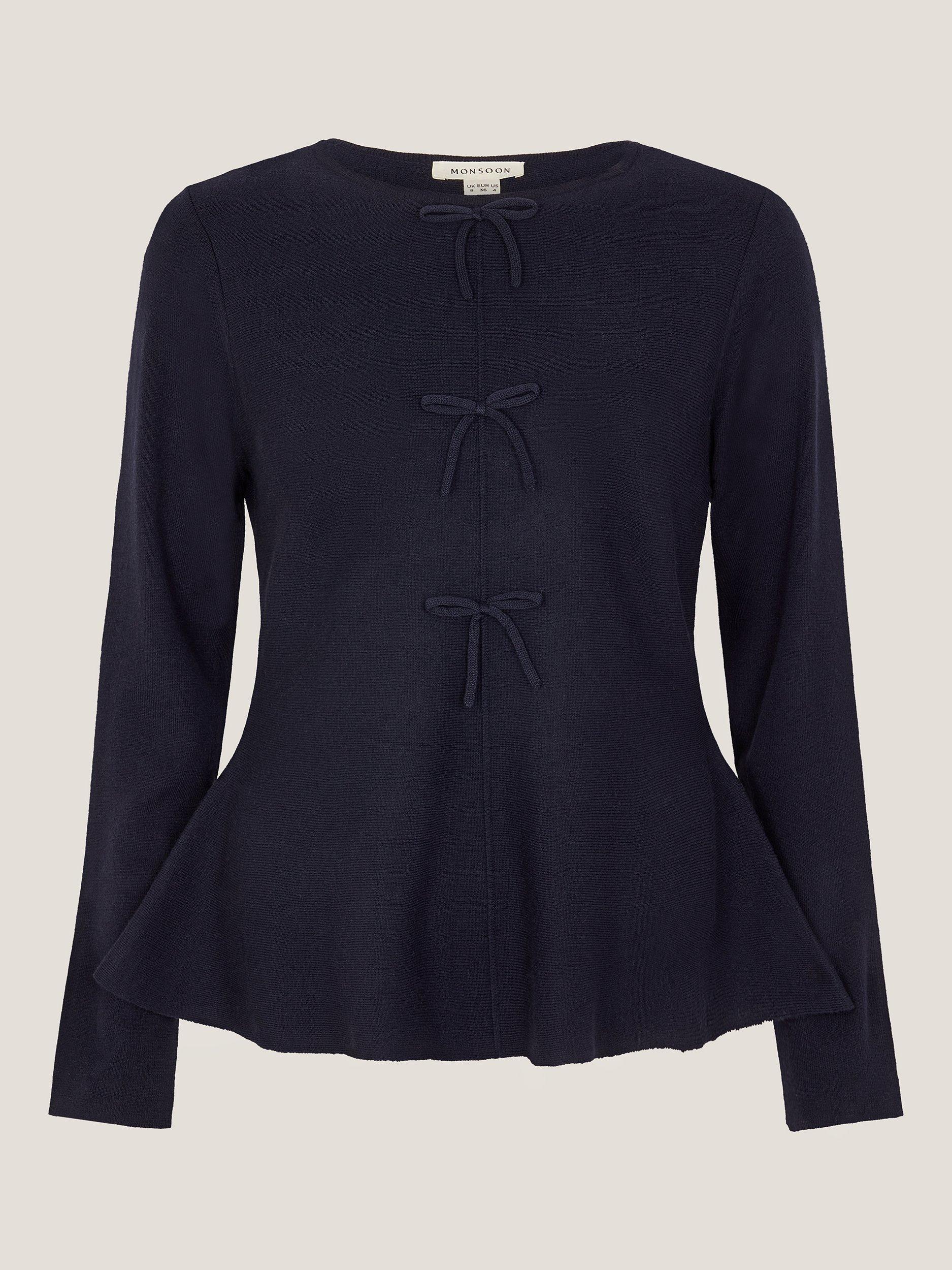 Product image 5 of 5, which shows Monsoon Paula Peplum Bow Jumper, Navy, 8
