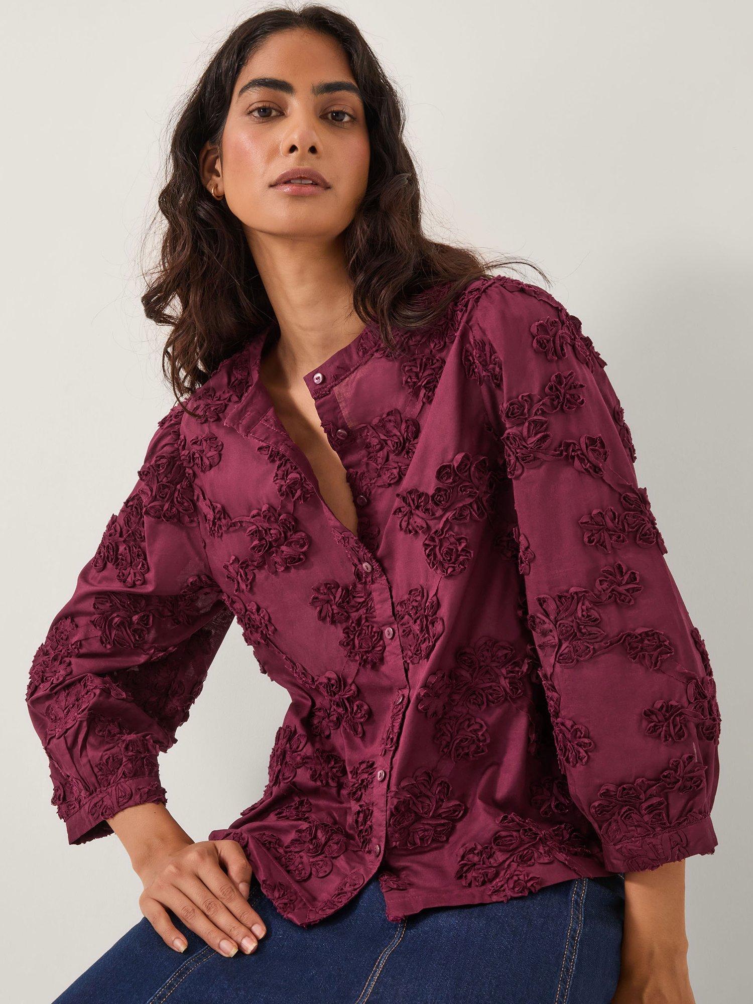 Product image 1 of 5, which shows Monsoon Blair Floral Appliqué Blouse, Cherry, XXL