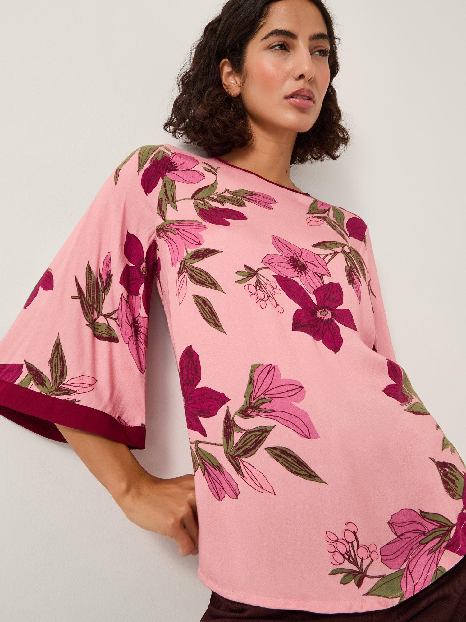 Product image 1 of 5, which shows Monsoon Clemmie Floral Print Top, Pink, 8