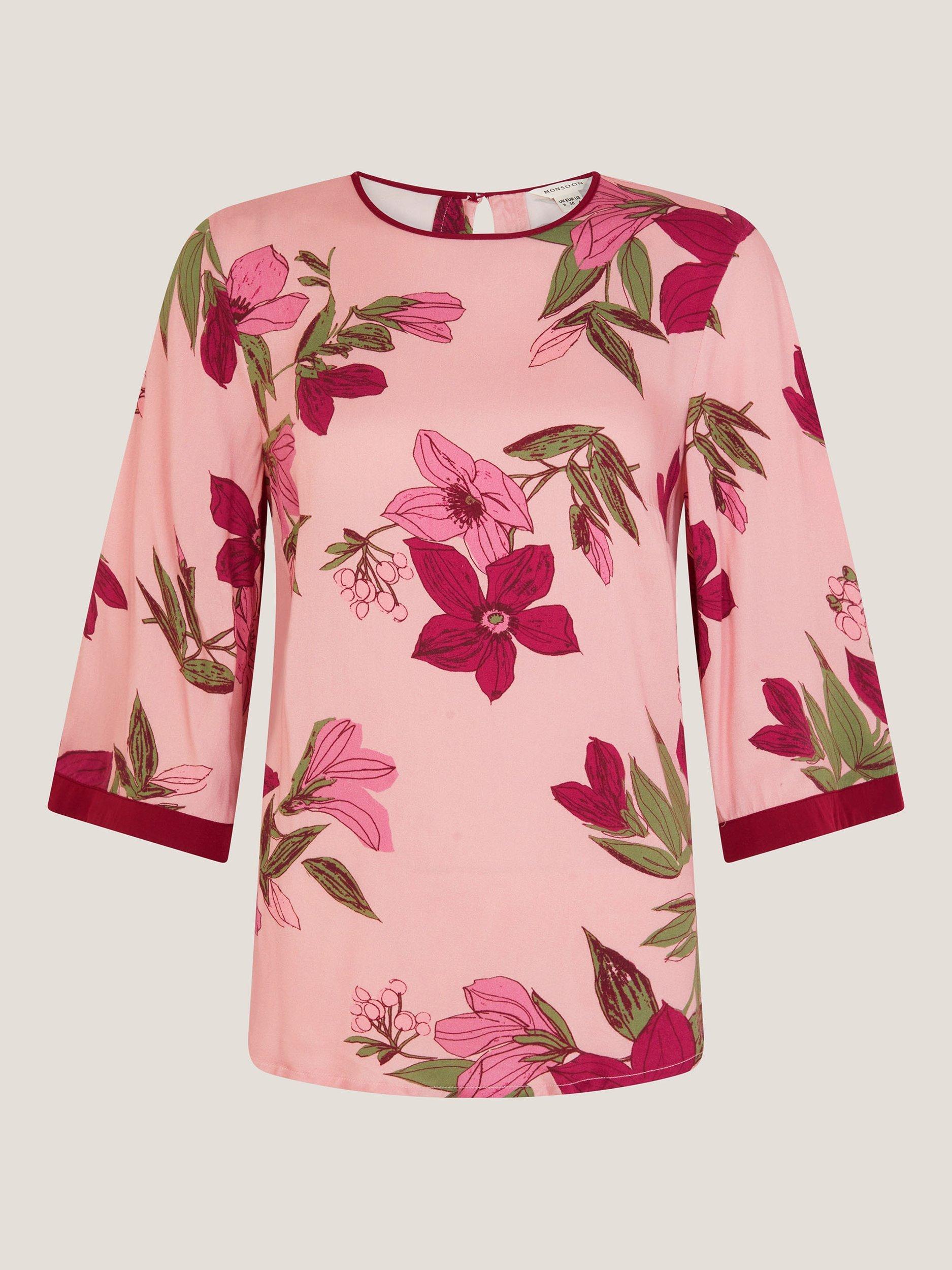 Product image 5 of 5, which shows Monsoon Clemmie Floral Print Top, Pink, 8