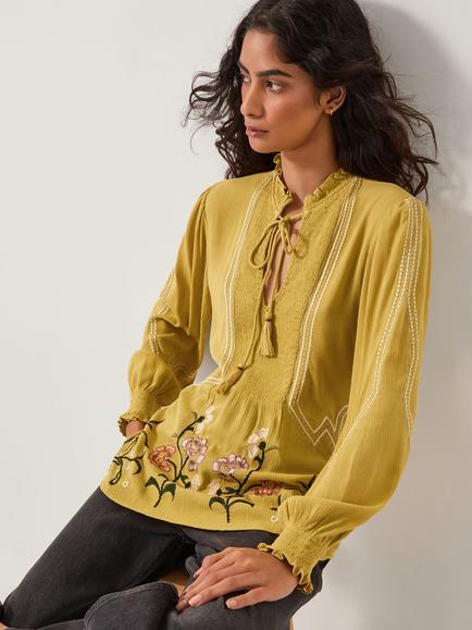 Monsoon Heidi Floral Embroidered Tassel Blouse, Chartreuse, Chartreuse