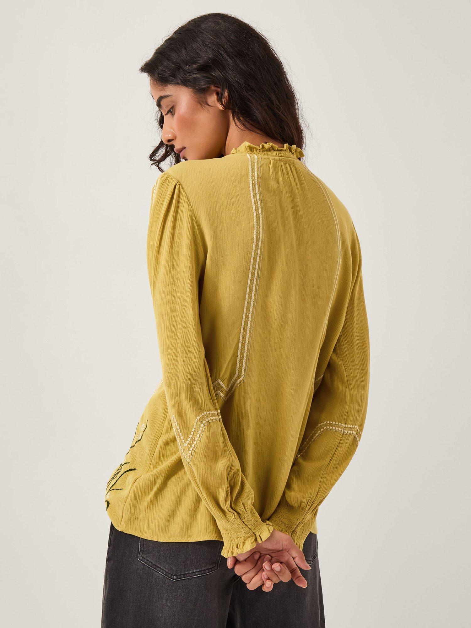 Product image 2 of 5, which shows Monsoon Heidi Floral Embroidered Tassel Blouse, Chartreuse, S