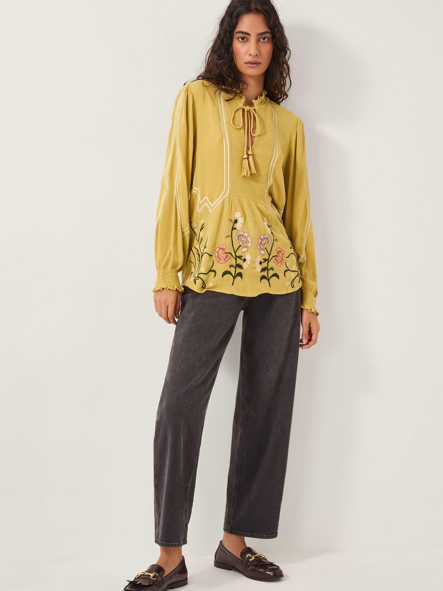 Product image 3 of 5, which shows Monsoon Heidi Floral Embroidered Tassel Blouse, Chartreuse, S