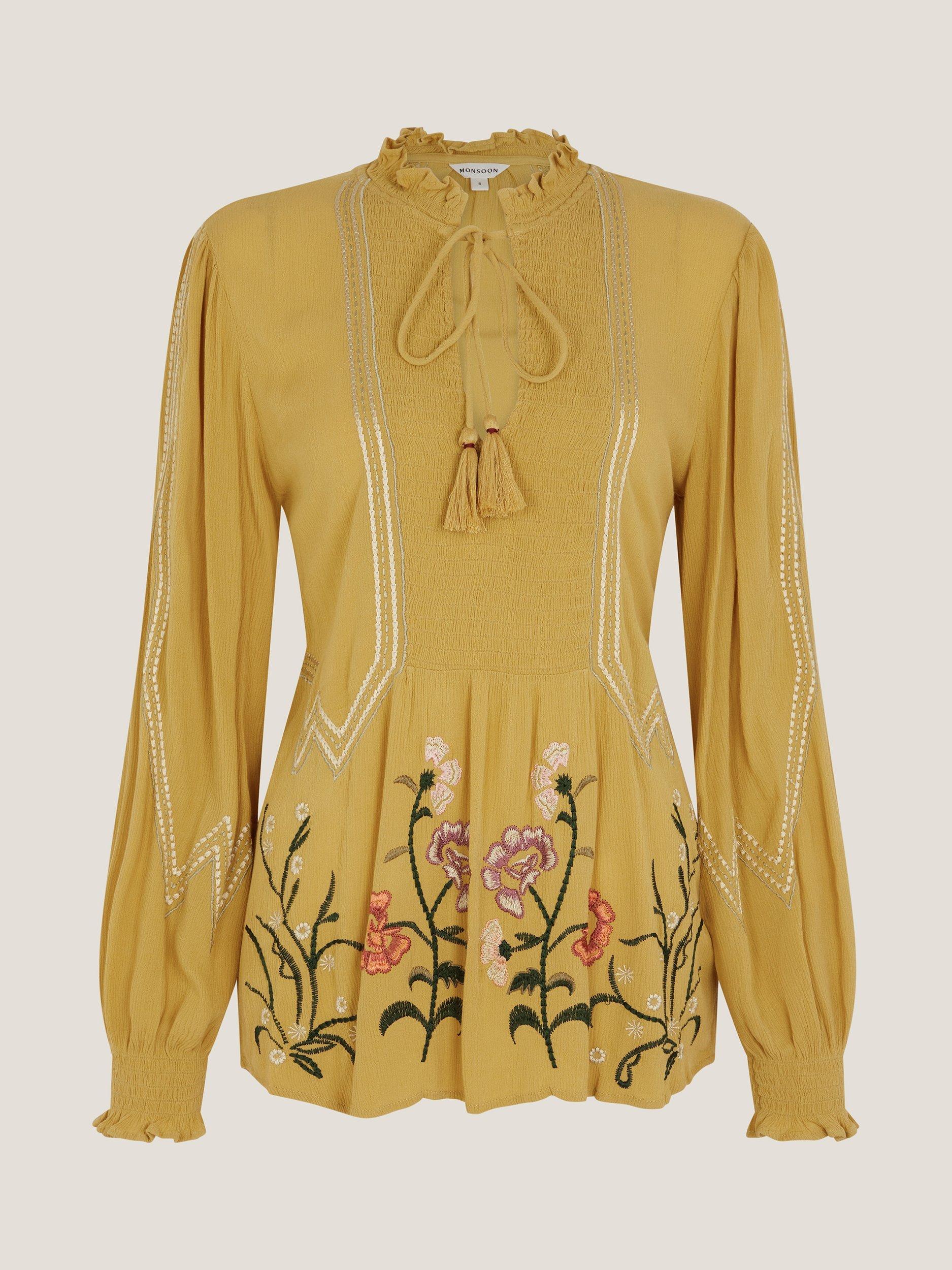 Product image 4 of 5, which shows Monsoon Heidi Floral Embroidered Tassel Blouse, Chartreuse, S