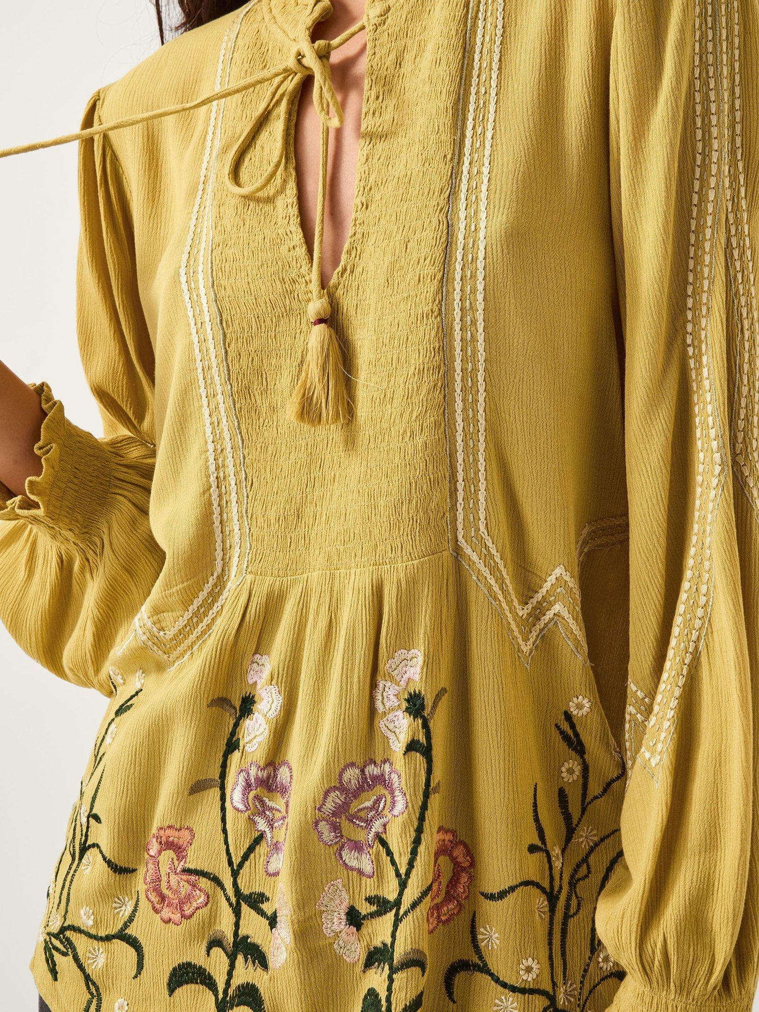 Product image 5 of 5, which shows Monsoon Heidi Floral Embroidered Tassel Blouse, Chartreuse, S