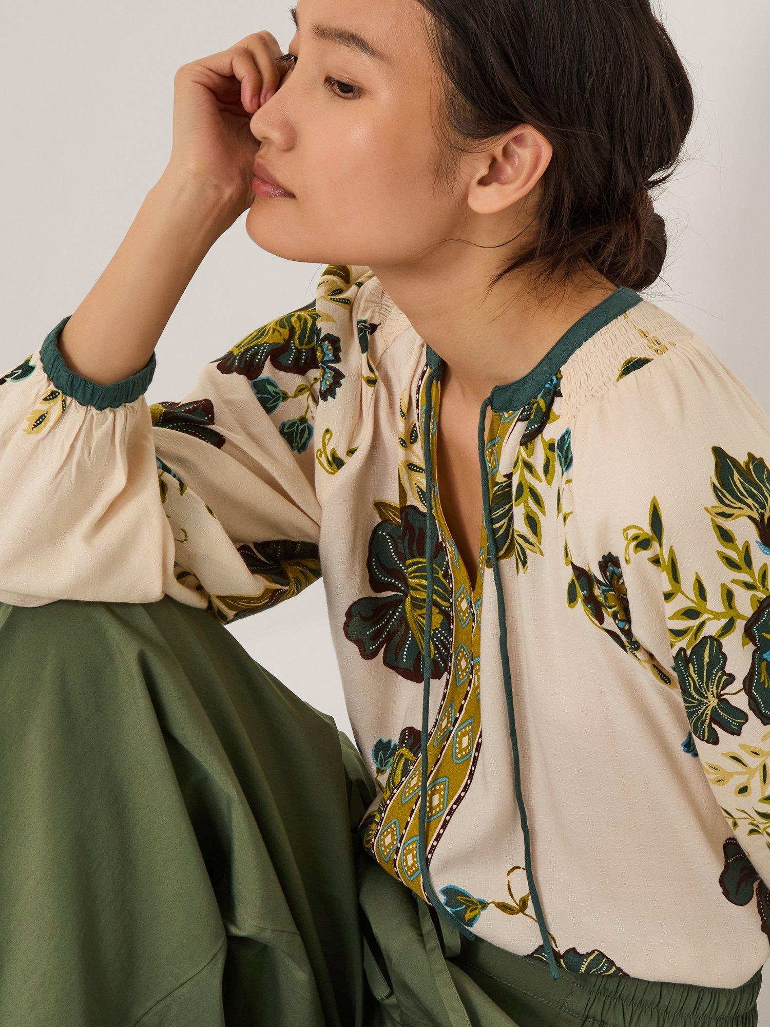 Product image 1 of 5, which shows Monsoon Zenya Floral Print Blouse, Green, S