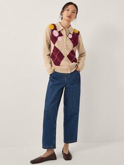 Monsoon Ami Floral Argyle Collar Cardigan, Natural, Natural