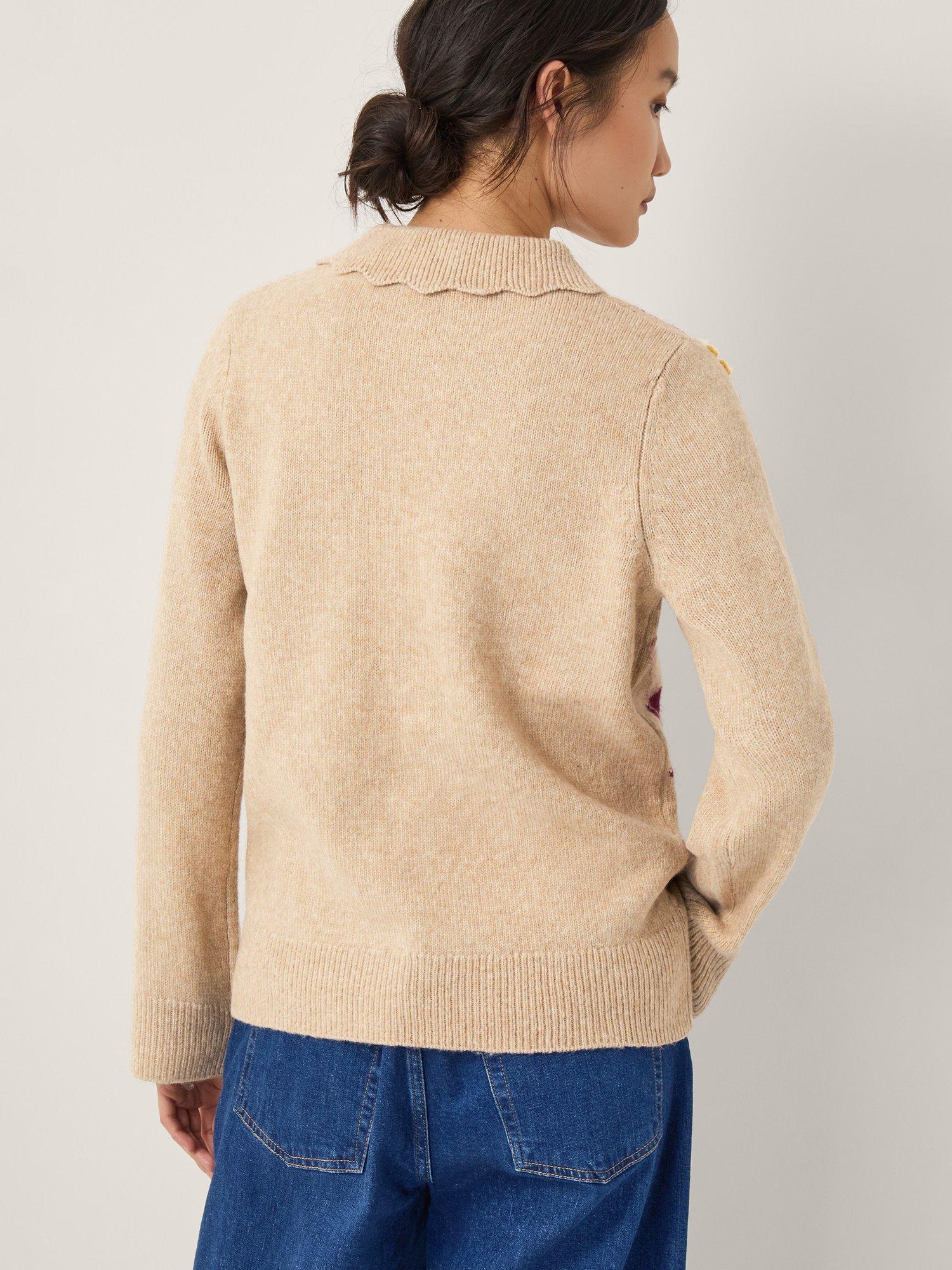 Product image 2 of 5, which shows Monsoon Ami Floral Argyle Collar Cardigan, Natural, S