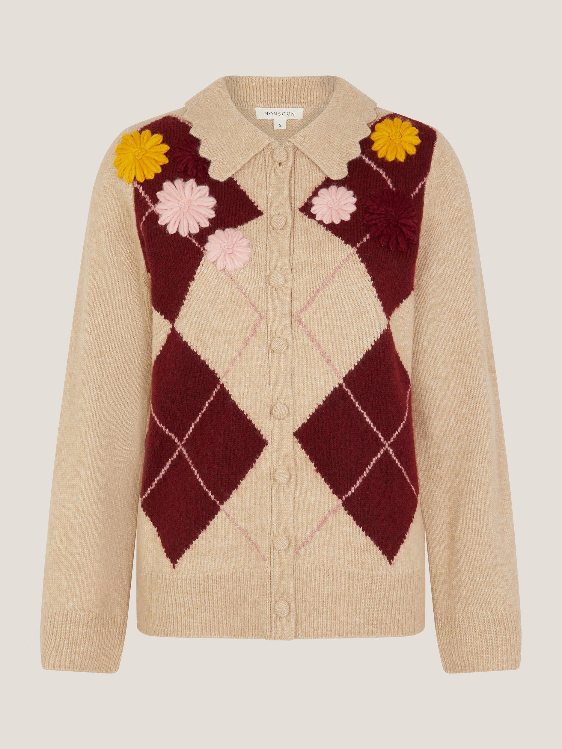 Product image 3 of 5, which shows Monsoon Ami Floral Argyle Collar Cardigan, Natural, S