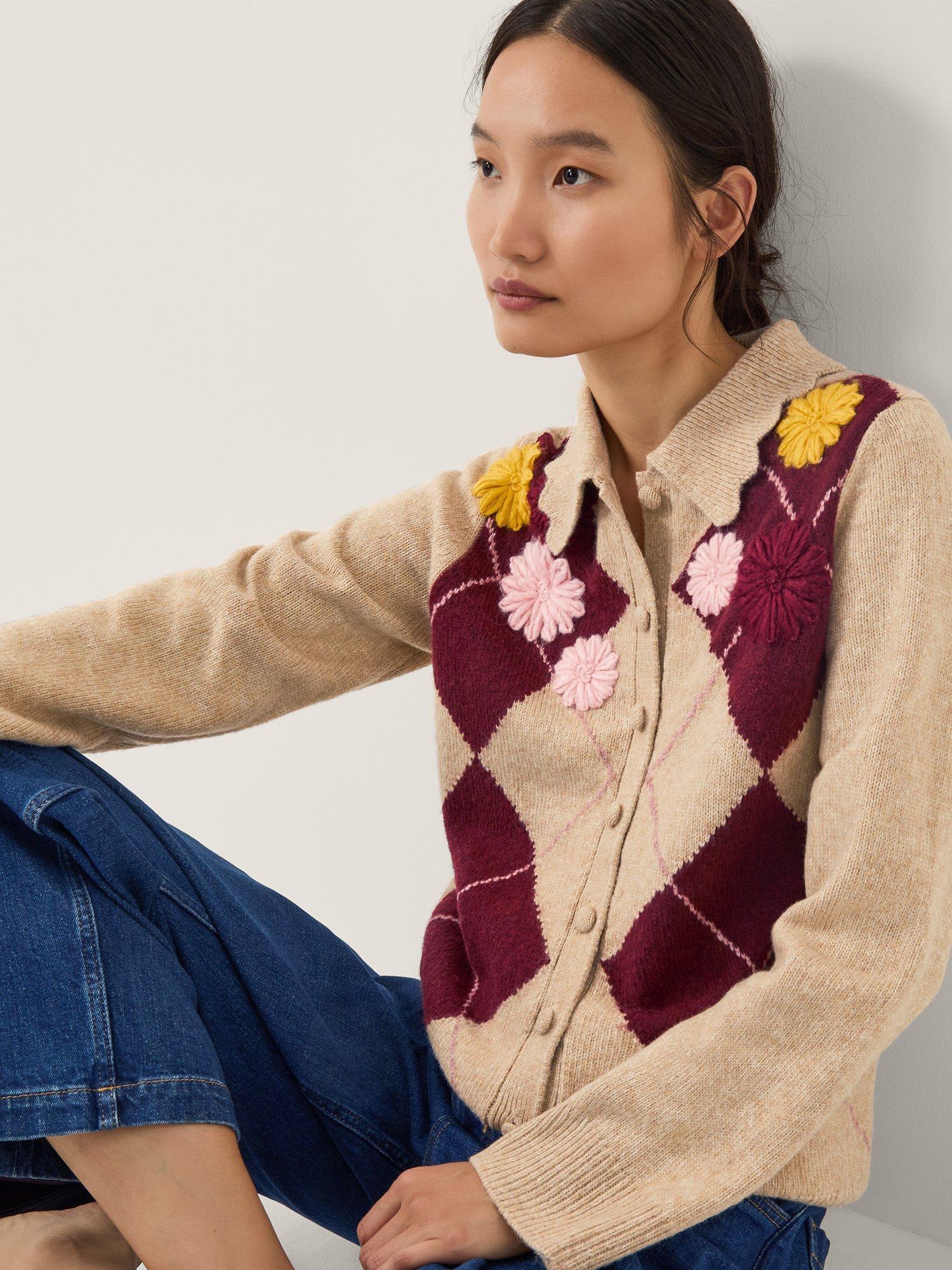 Product image 4 of 5, which shows Monsoon Ami Floral Argyle Collar Cardigan, Natural, S