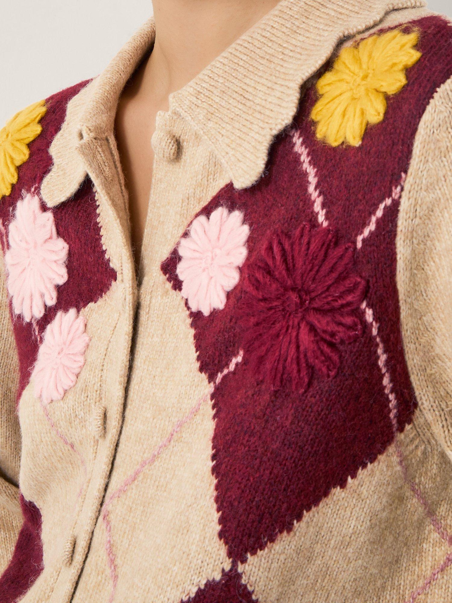 Product image 5 of 5, which shows Monsoon Ami Floral Argyle Collar Cardigan, Natural, S