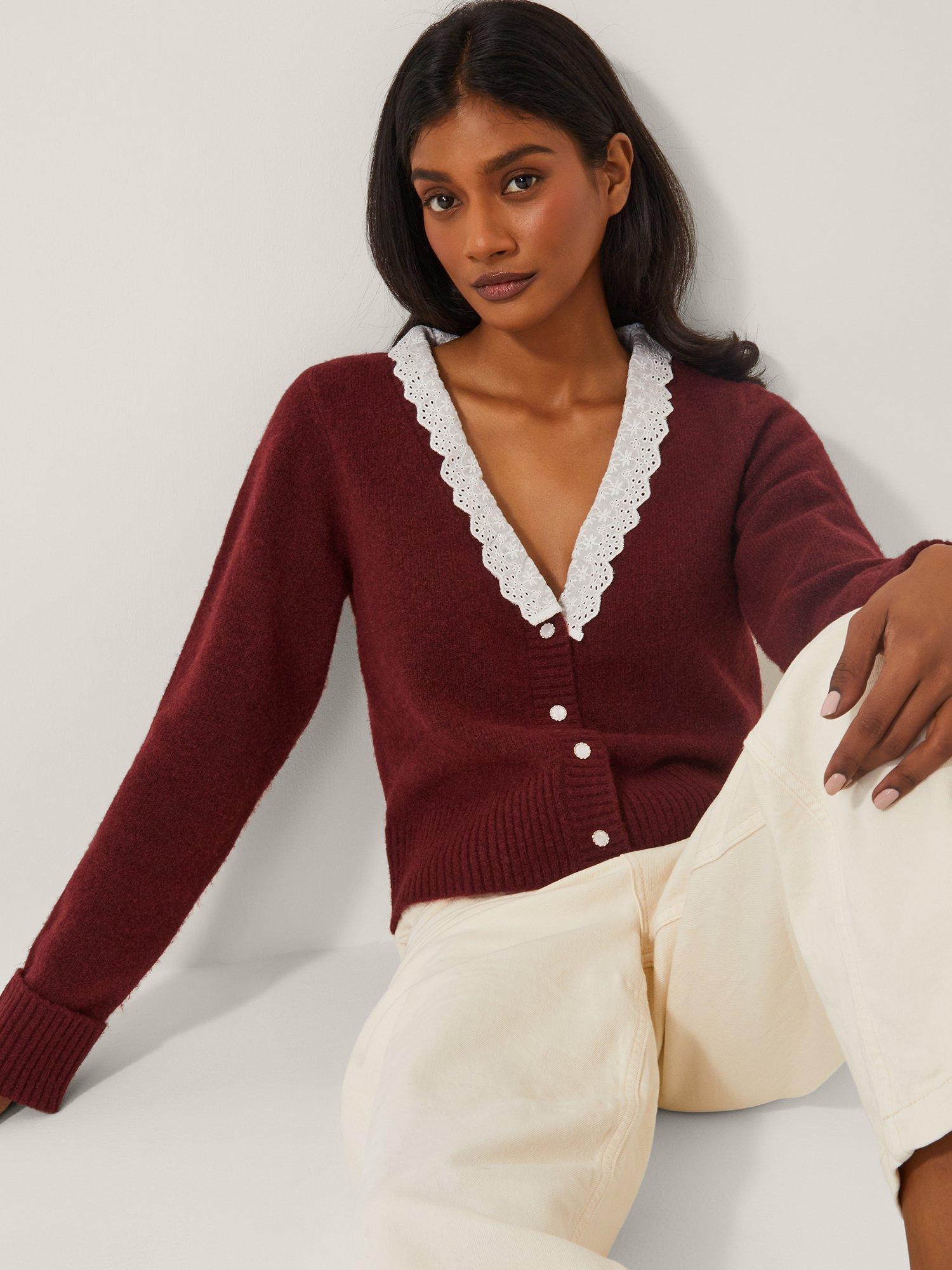 Product image 1 of 5, which shows Monsoon Layla Broderie V-Neck Cardigan, Cherry, L