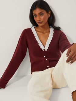 Monsoon Layla Broderie V-Neck Cardigan, Cherry, Cherry