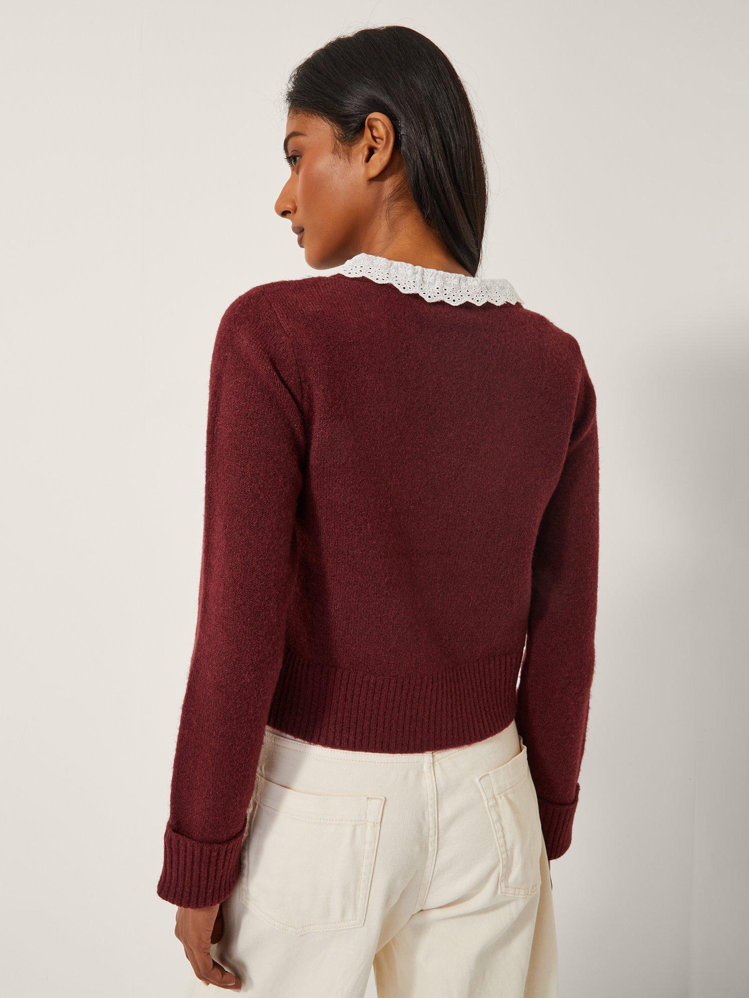 Product image 2 of 5, which shows Monsoon Layla Broderie V-Neck Cardigan, Cherry, L