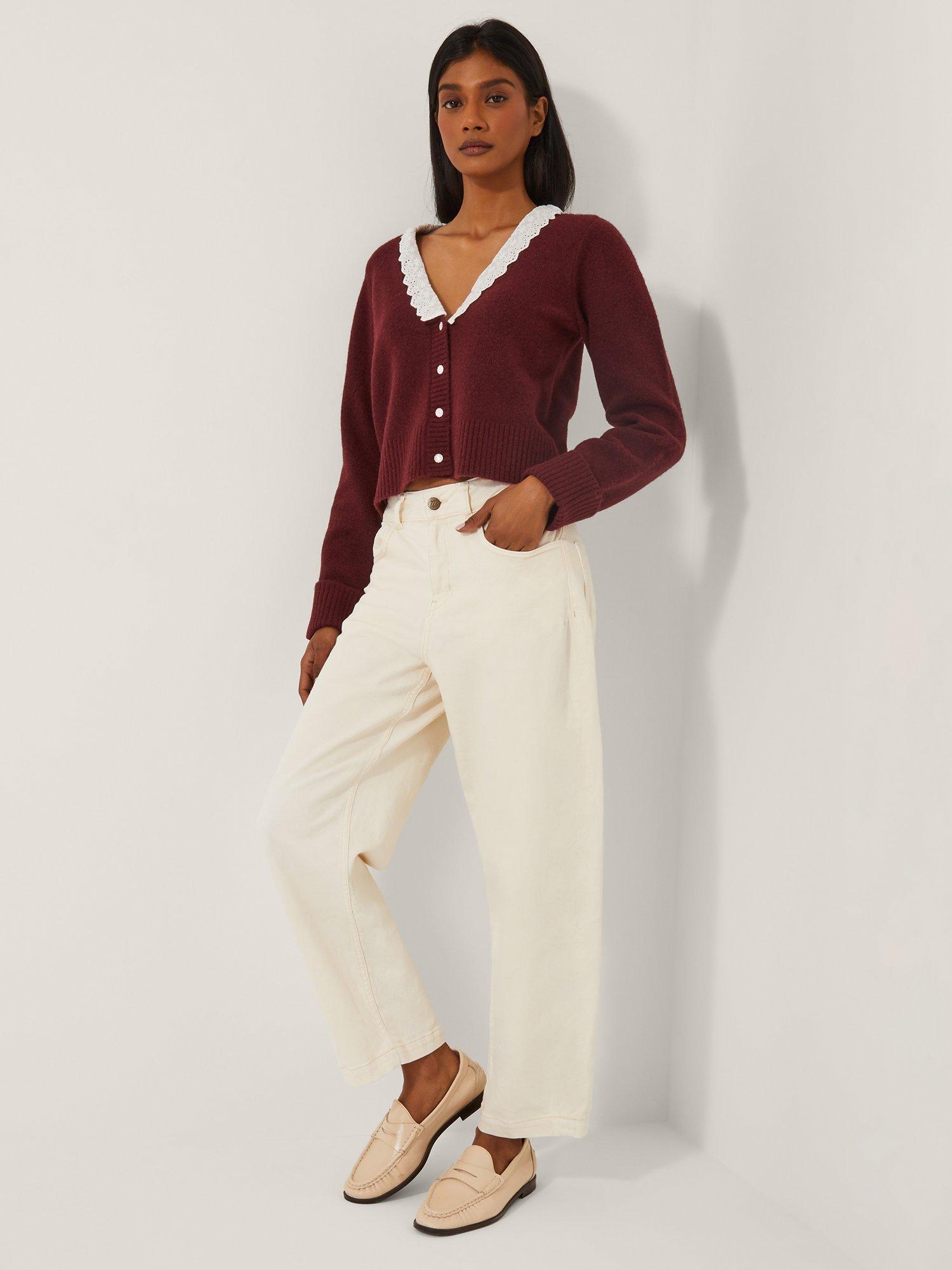 Product image 3 of 5, which shows Monsoon Layla Broderie V-Neck Cardigan, Cherry, L