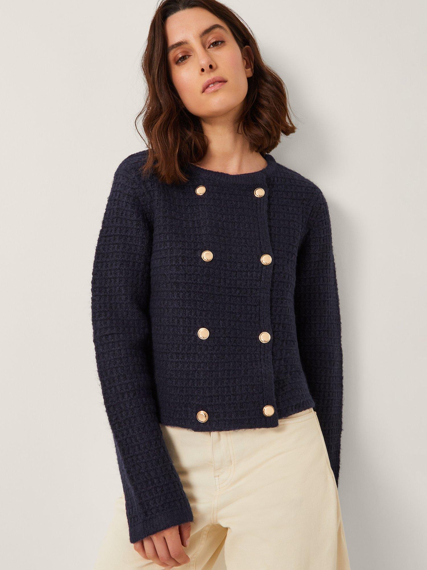 Product image 1 of 5, which shows Monsoon Skye Double-Breasted Waffle Knit Cardigan, Navy, S