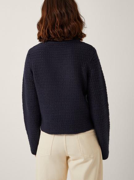 Monsoon Skye Double-Breasted Waffle Knit Cardigan, Navy - view 2, Navy