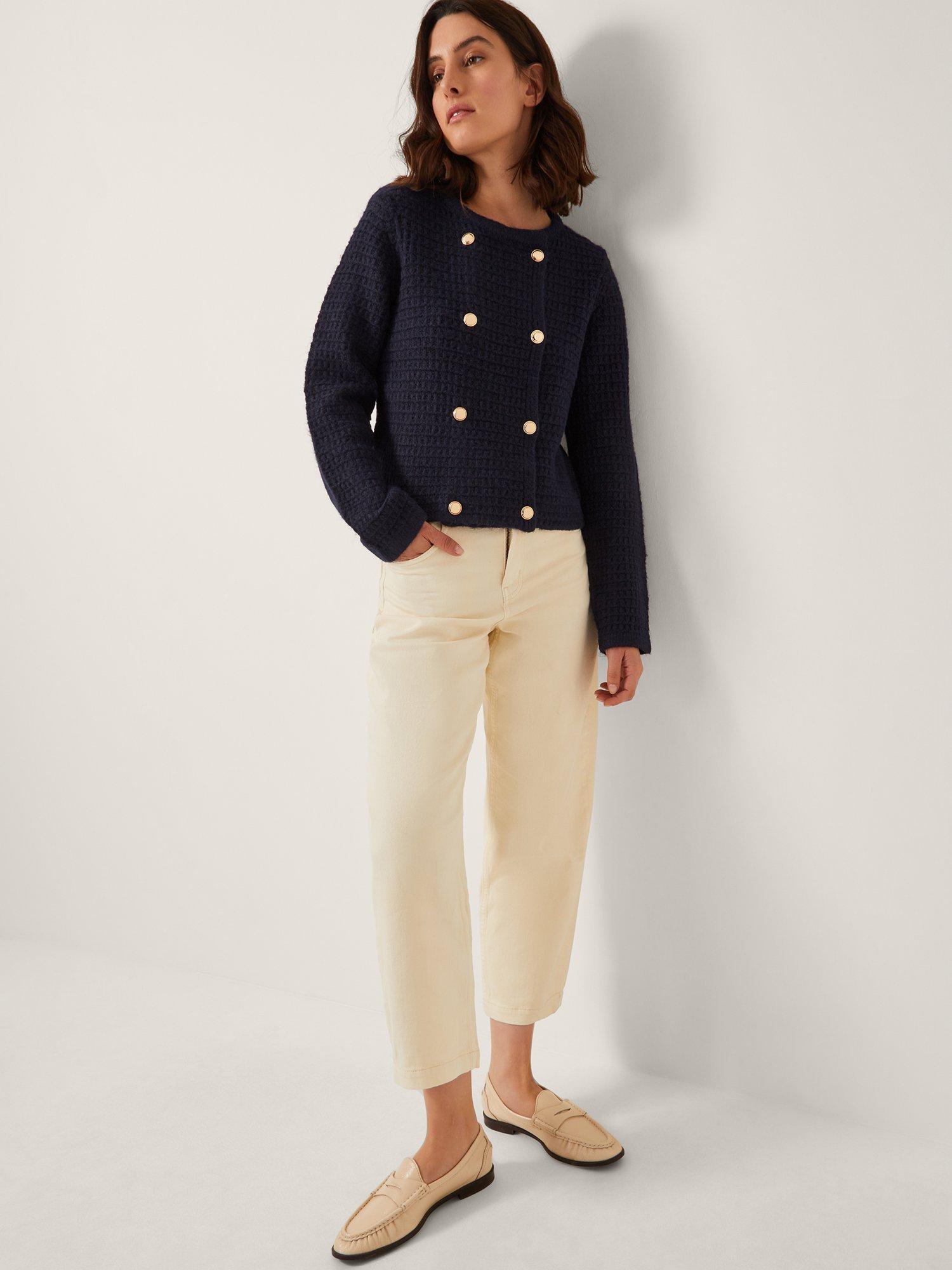 Product image 3 of 5, which shows Monsoon Skye Double-Breasted Waffle Knit Cardigan, Navy, S