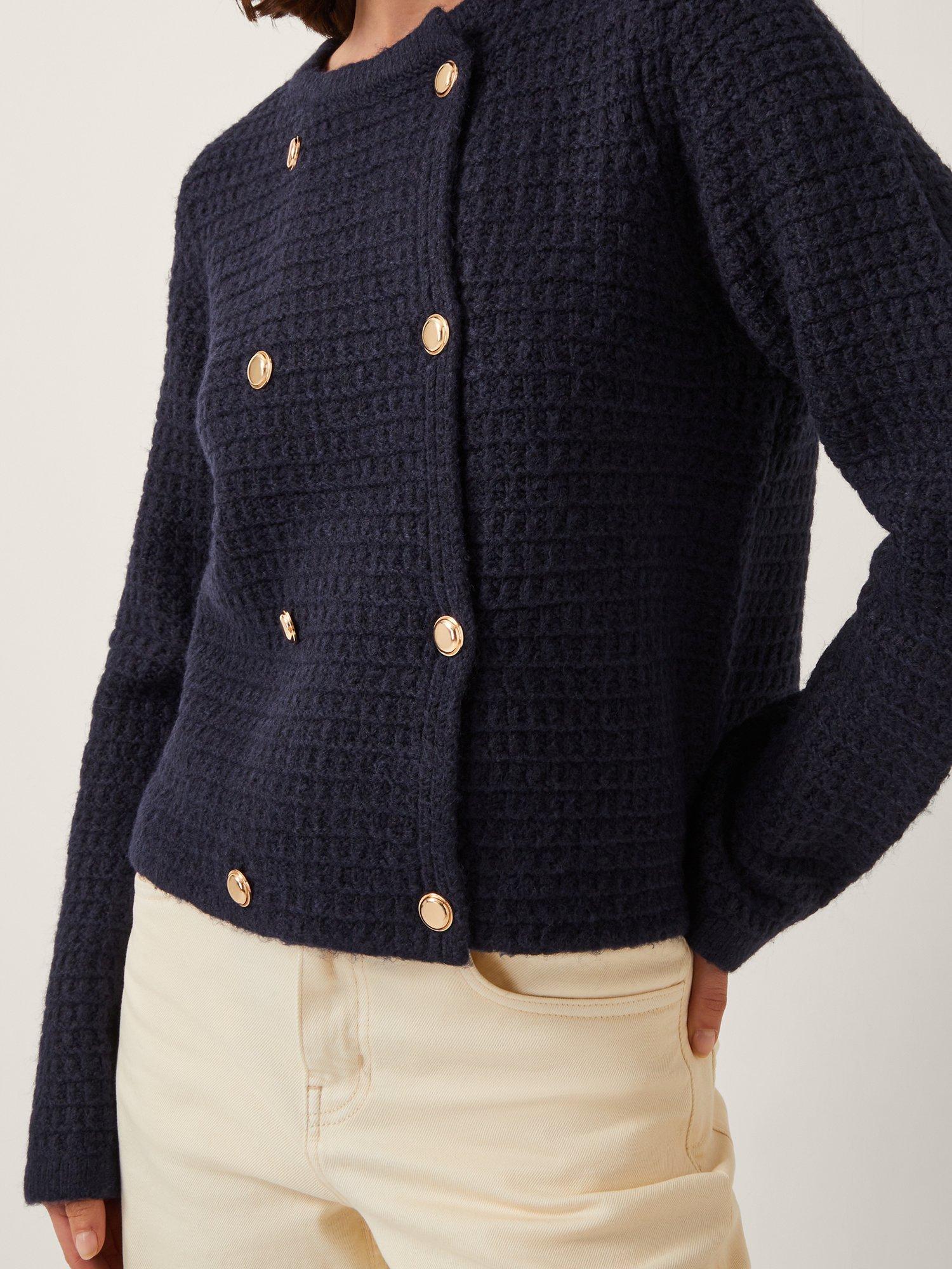 Product image 4 of 5, which shows Monsoon Skye Double-Breasted Waffle Knit Cardigan, Navy, S