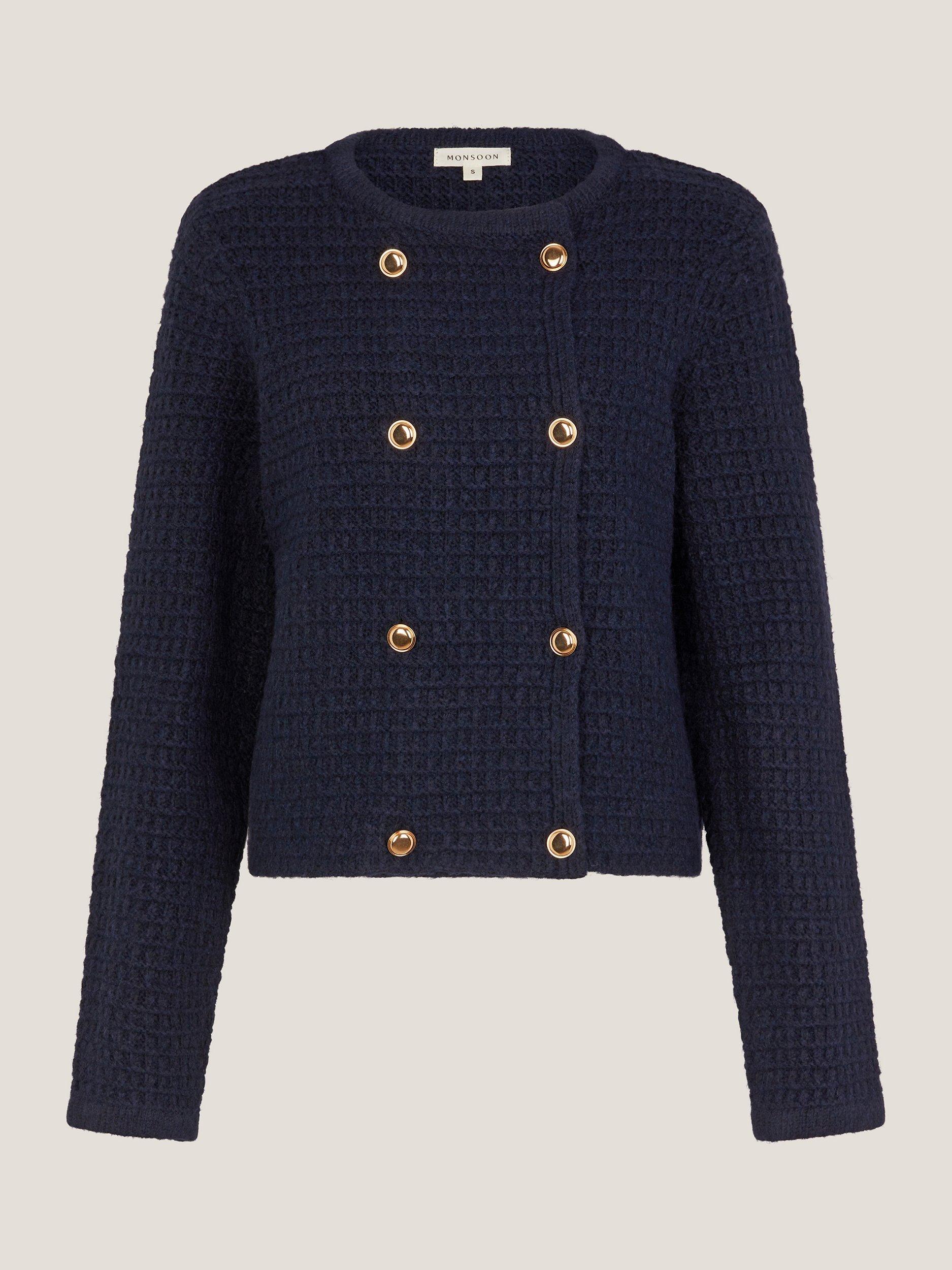 Product image 5 of 5, which shows Monsoon Skye Double-Breasted Waffle Knit Cardigan, Navy, S