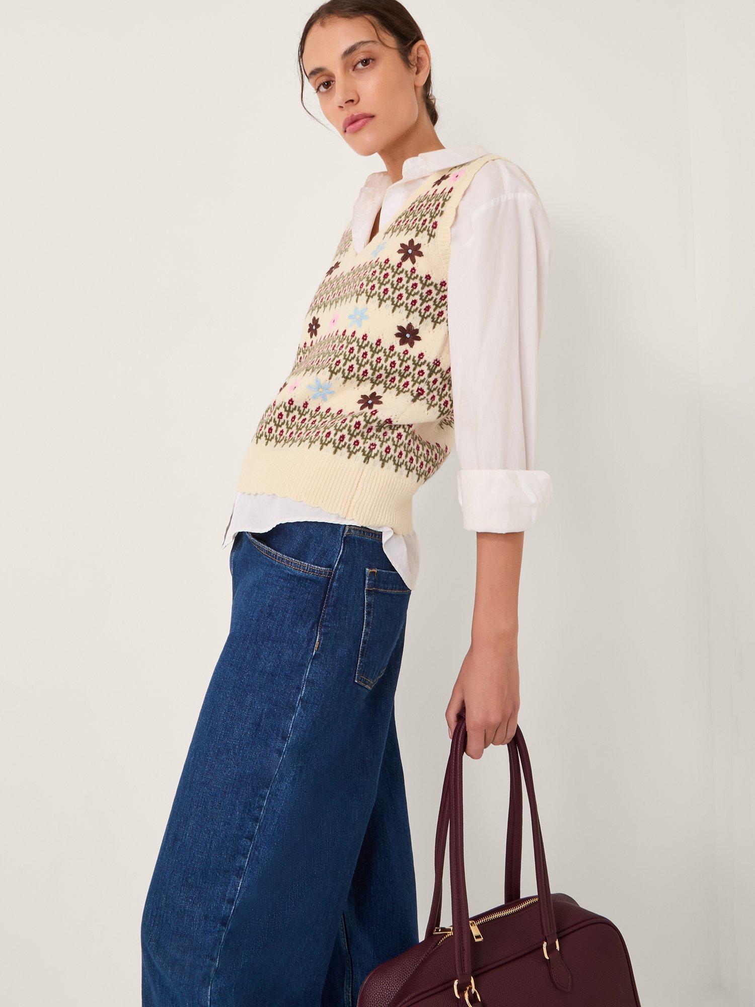 Product image 3 of 5, which shows Monsoon Ella Floral Knitted Vest, Ivory, L