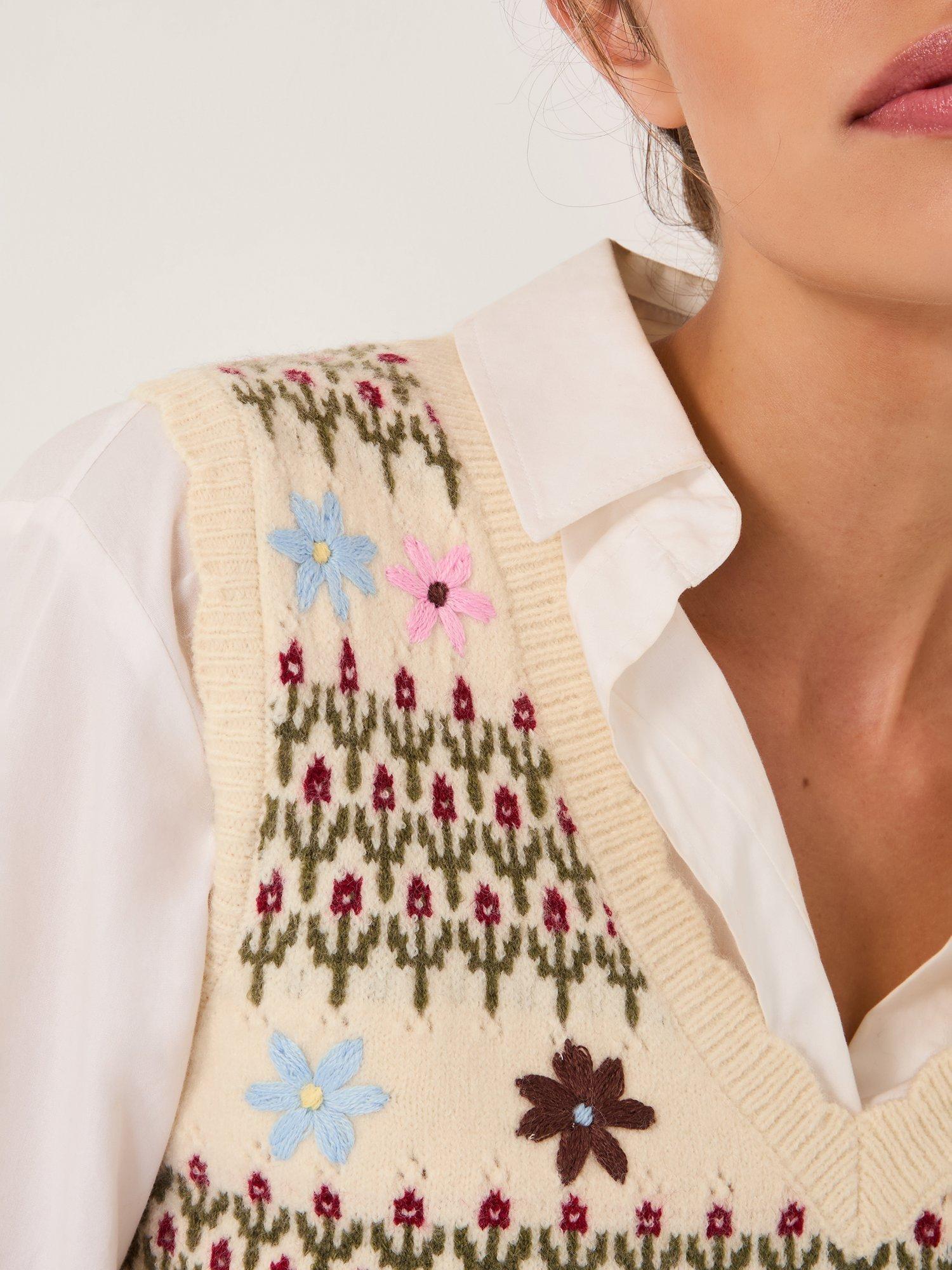 Product image 4 of 5, which shows Monsoon Ella Floral Knitted Vest, Ivory, L