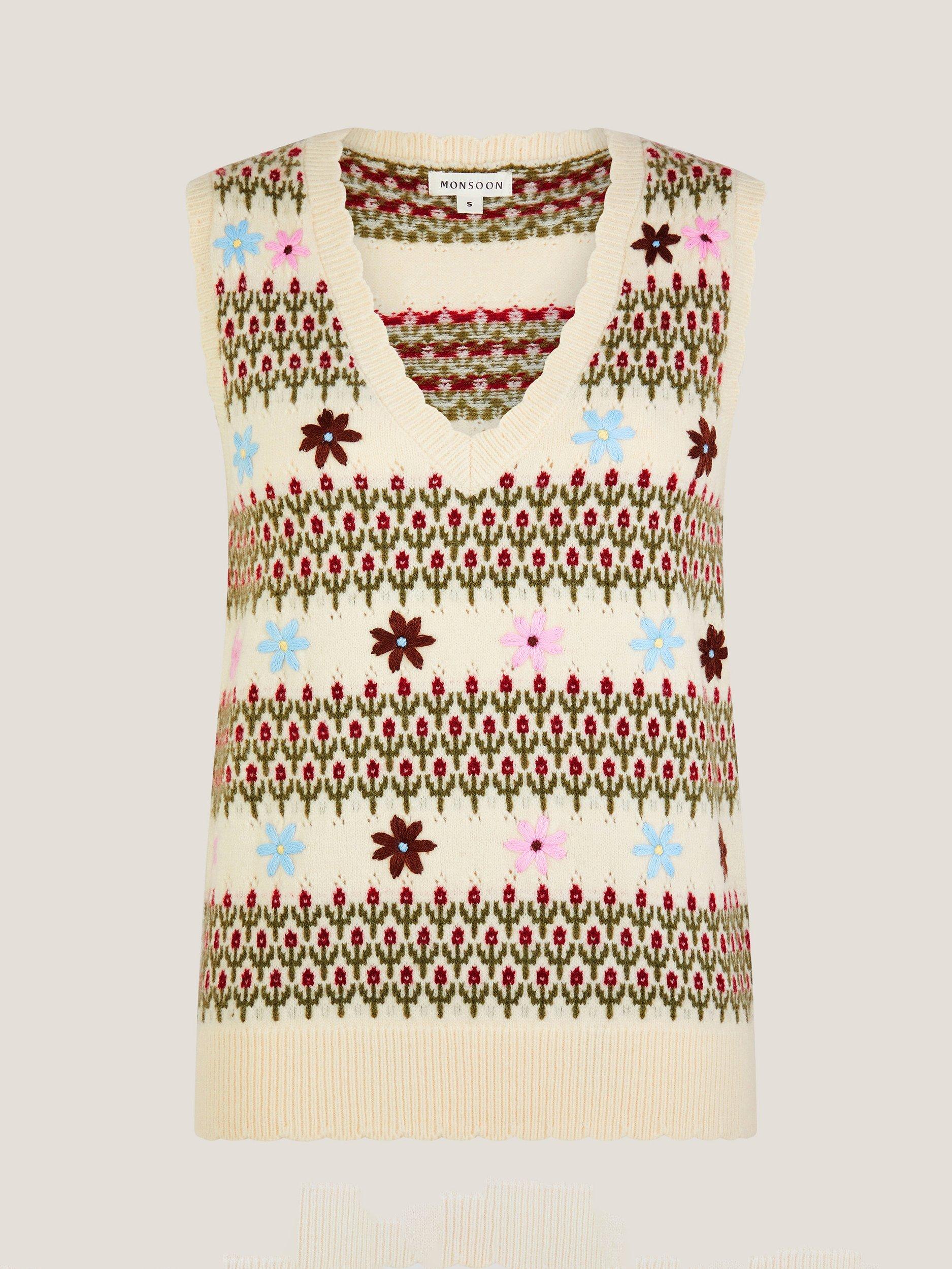 Product image 5 of 5, which shows Monsoon Ella Floral Knitted Vest, Ivory, L