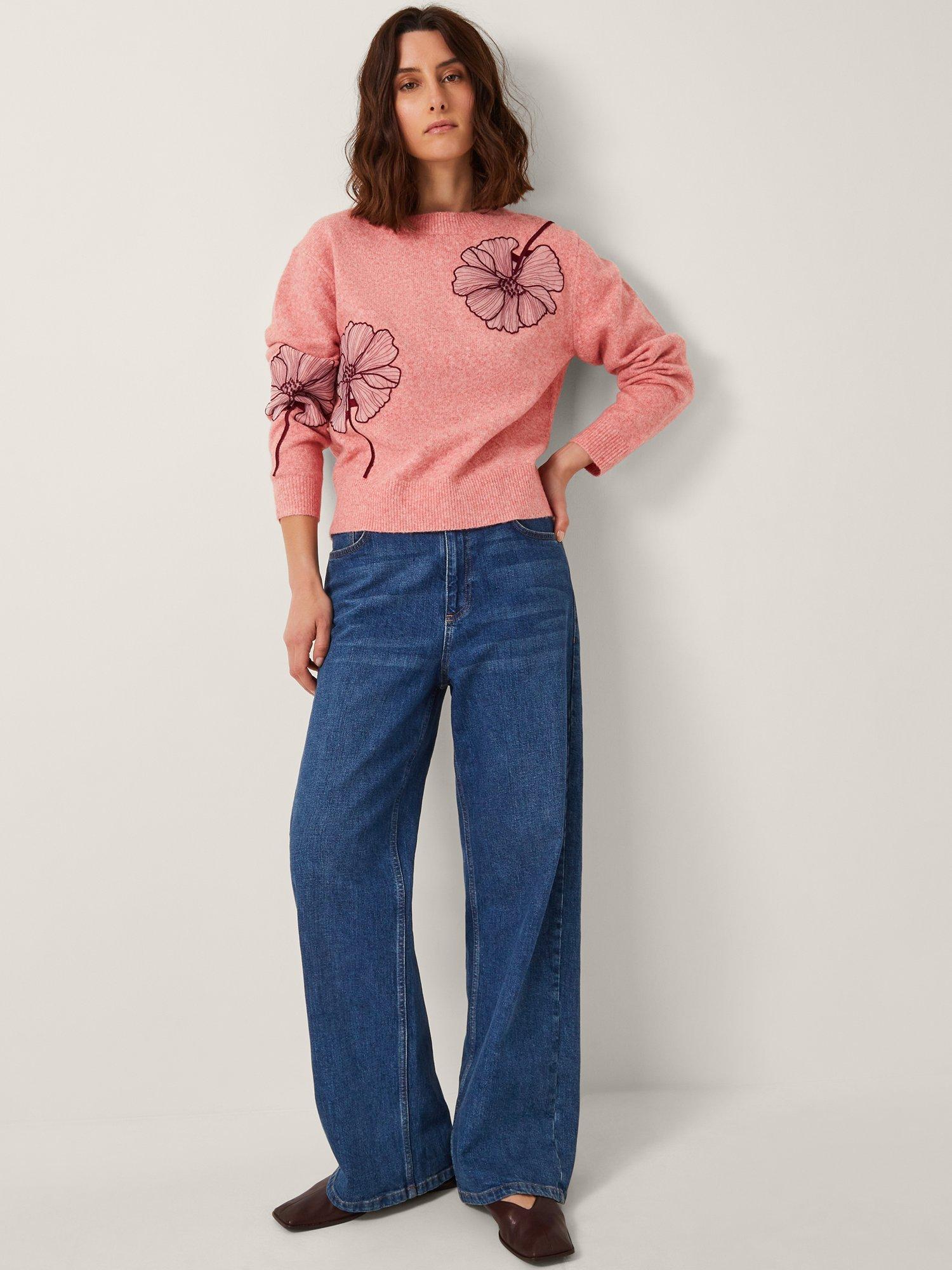 Product image 3 of 5, which shows Monsoon Abi Floral Appliqué Jumper, Pink, XL