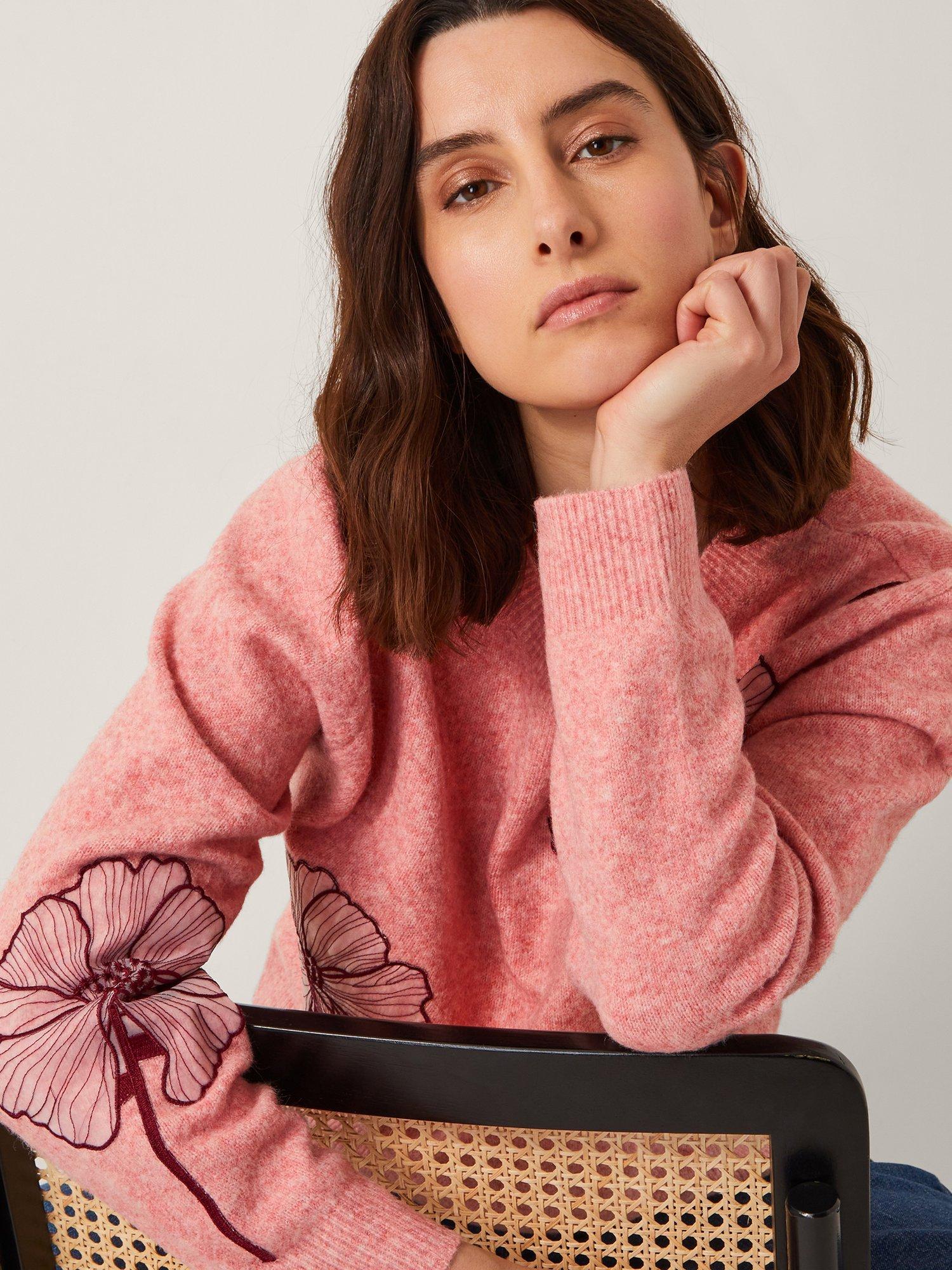 Product image 4 of 5, which shows Monsoon Abi Floral Appliqué Jumper, Pink, XL