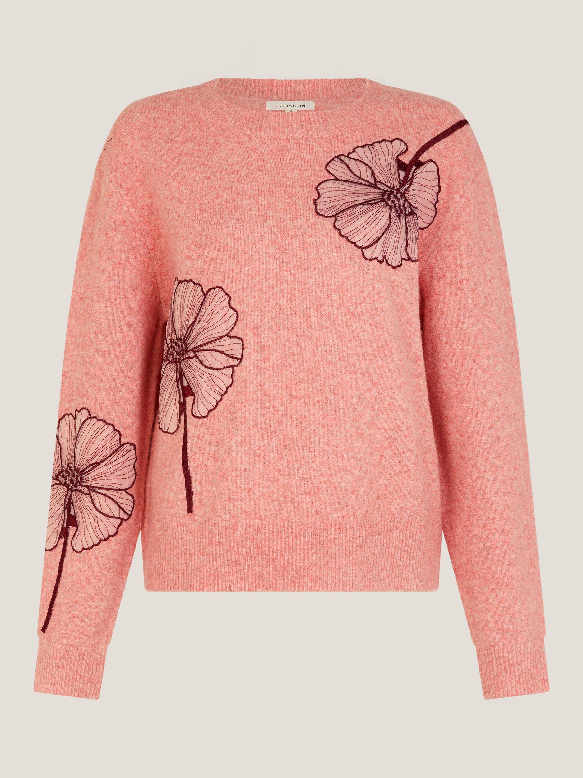 Product image 5 of 5, which shows Monsoon Abi Floral Appliqué Jumper, Pink, XL