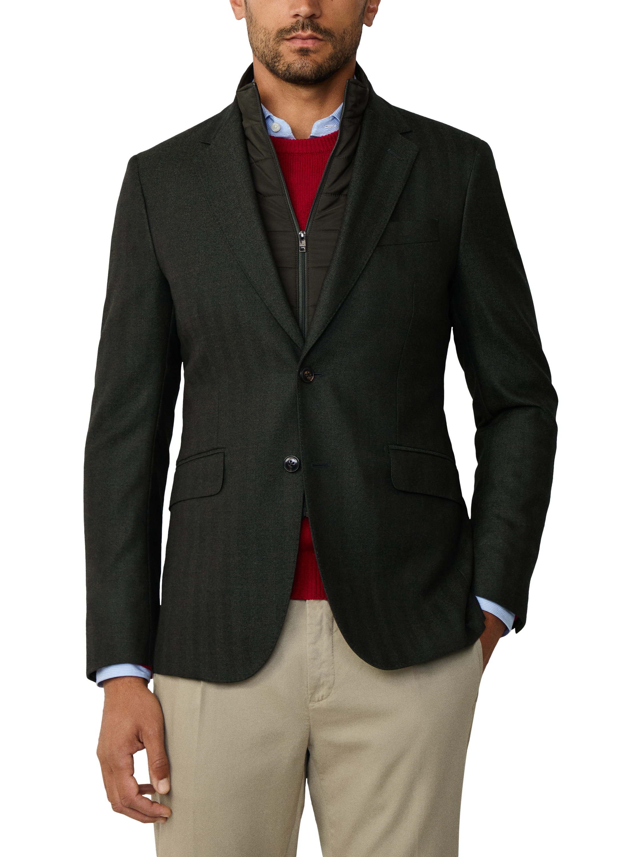 Product image 1 of 10, which shows Hackett London Wool Herringbone Flannel Bibbed Blazer, Hunter Green, 48