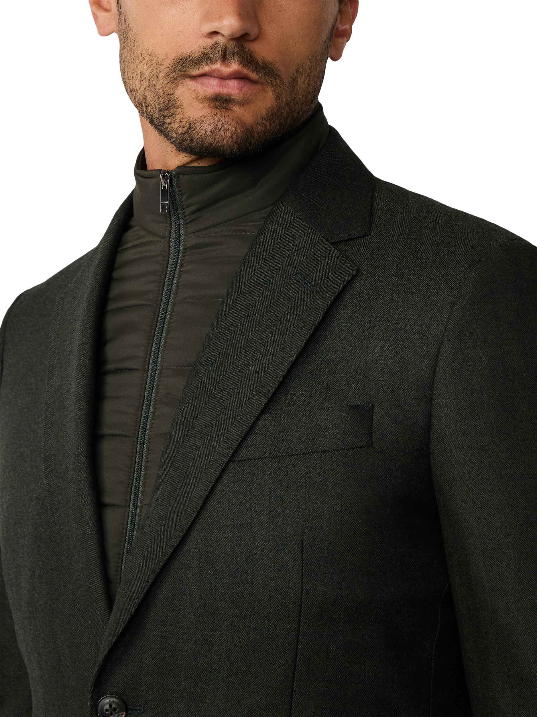 Product image 4 of 10, which shows Hackett London Wool Herringbone Flannel Bibbed Blazer, Hunter Green, 48