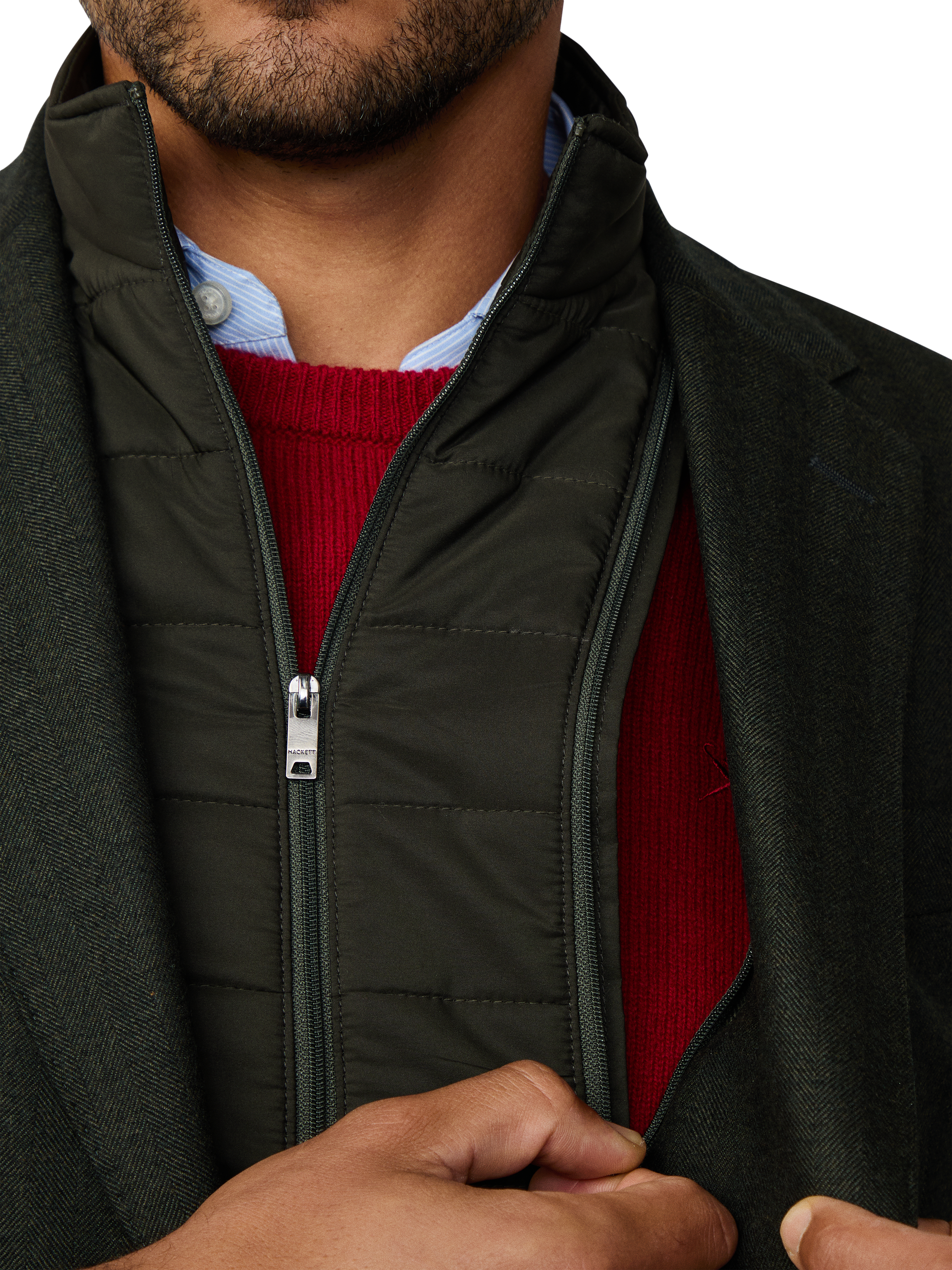 Product image 5 of 10, which shows Hackett London Wool Herringbone Flannel Bibbed Blazer, Hunter Green, 48