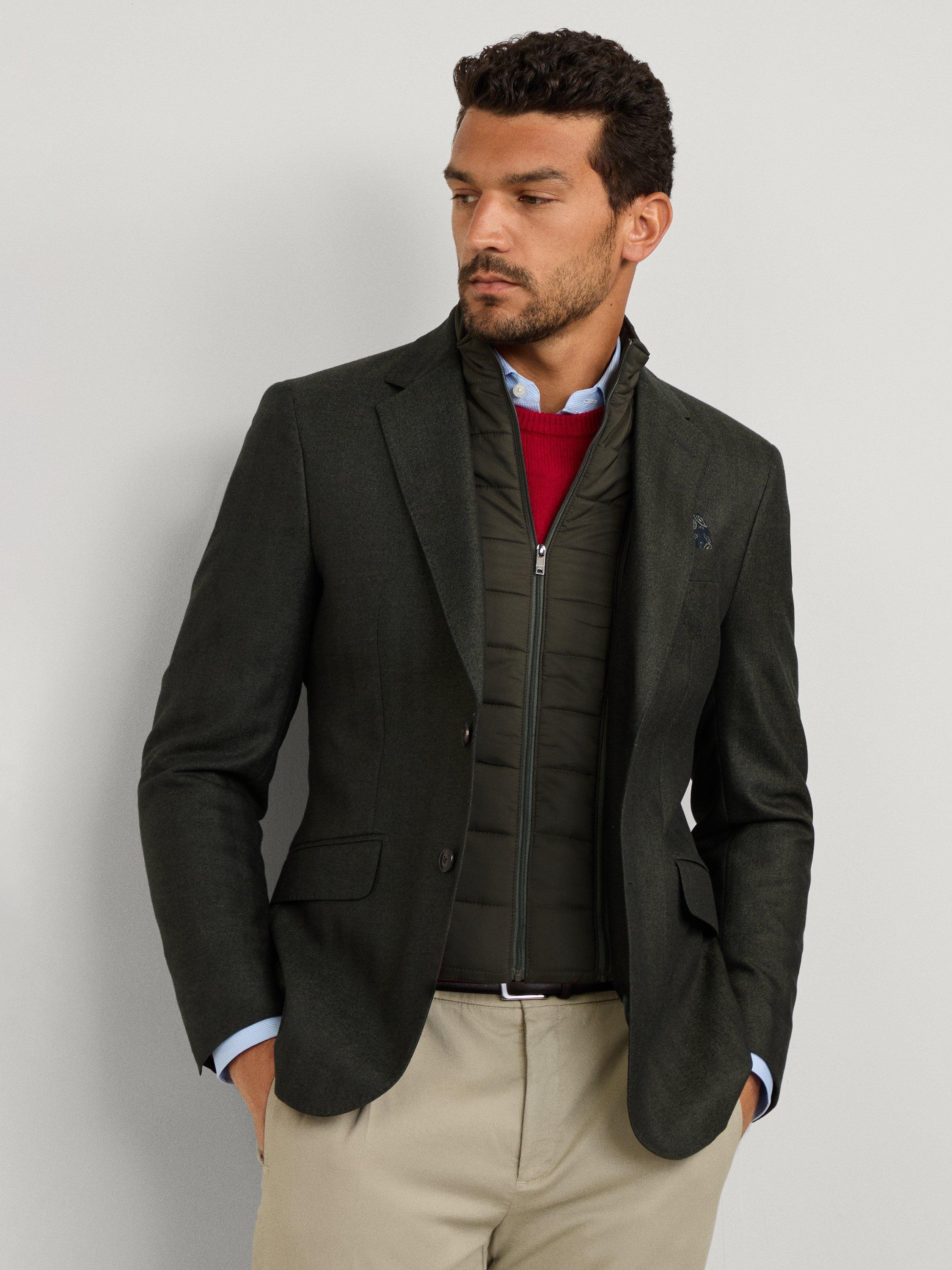 Product image 10 of 10, which shows Hackett London Wool Herringbone Flannel Bibbed Blazer, Hunter Green, 48