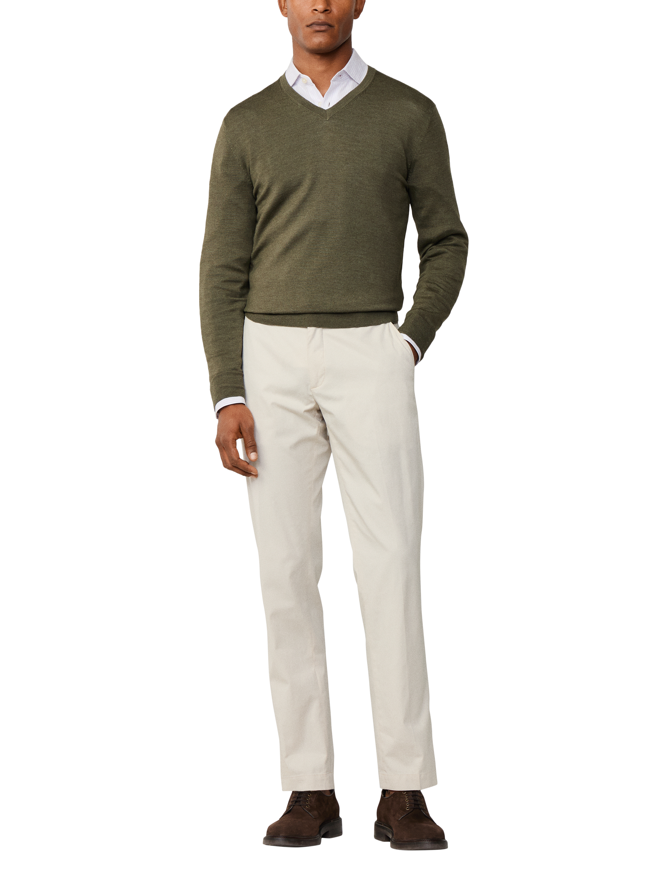 Product image 2 of 8, which shows Hackett London V Neck Wool Silk Blend Jumper, Cargo Green, XXL