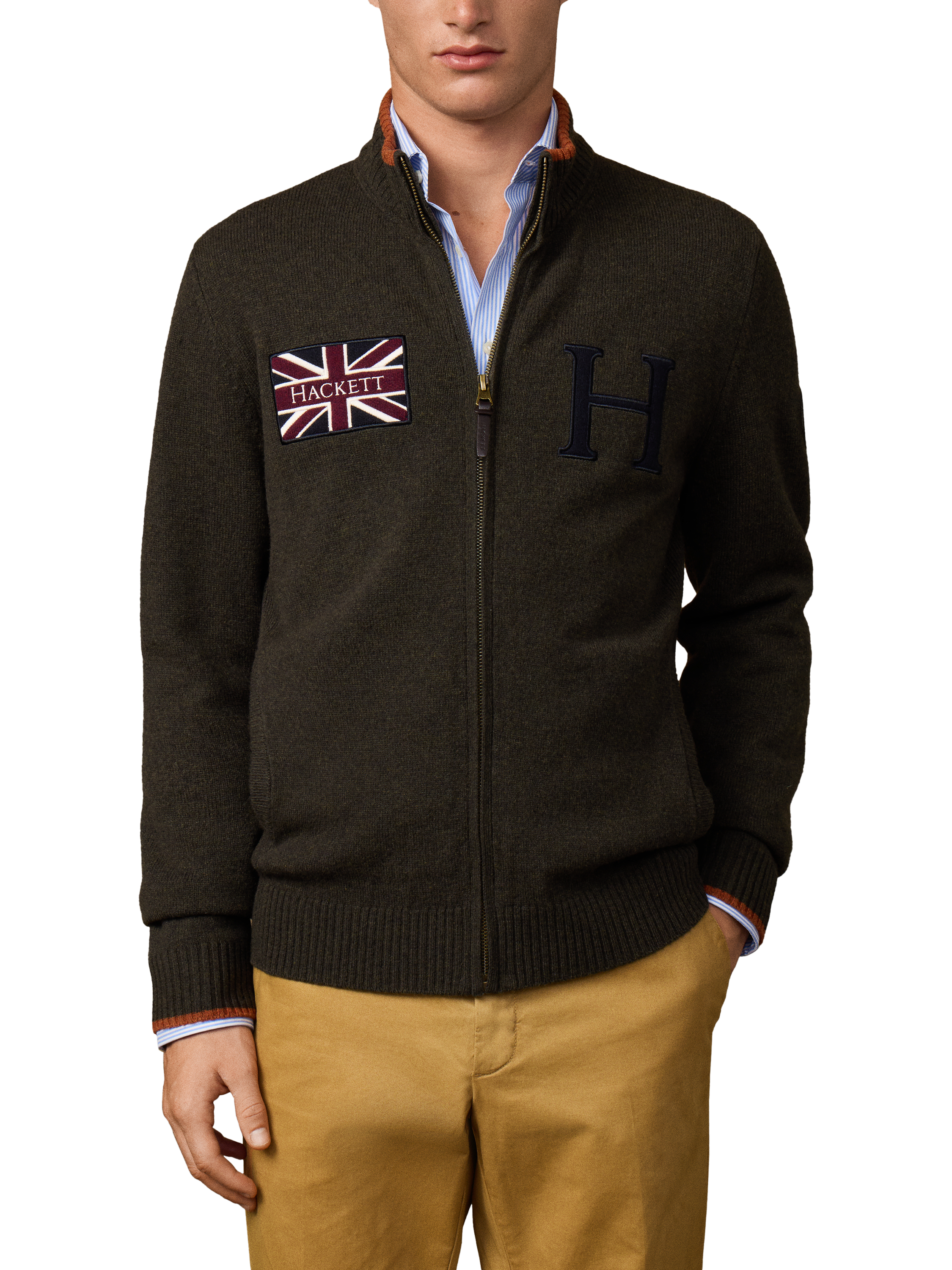 Product image 1 of 6, which shows Hackett London Wool Zip Neck Jersey Cardigan, Hunter Green, XXXL