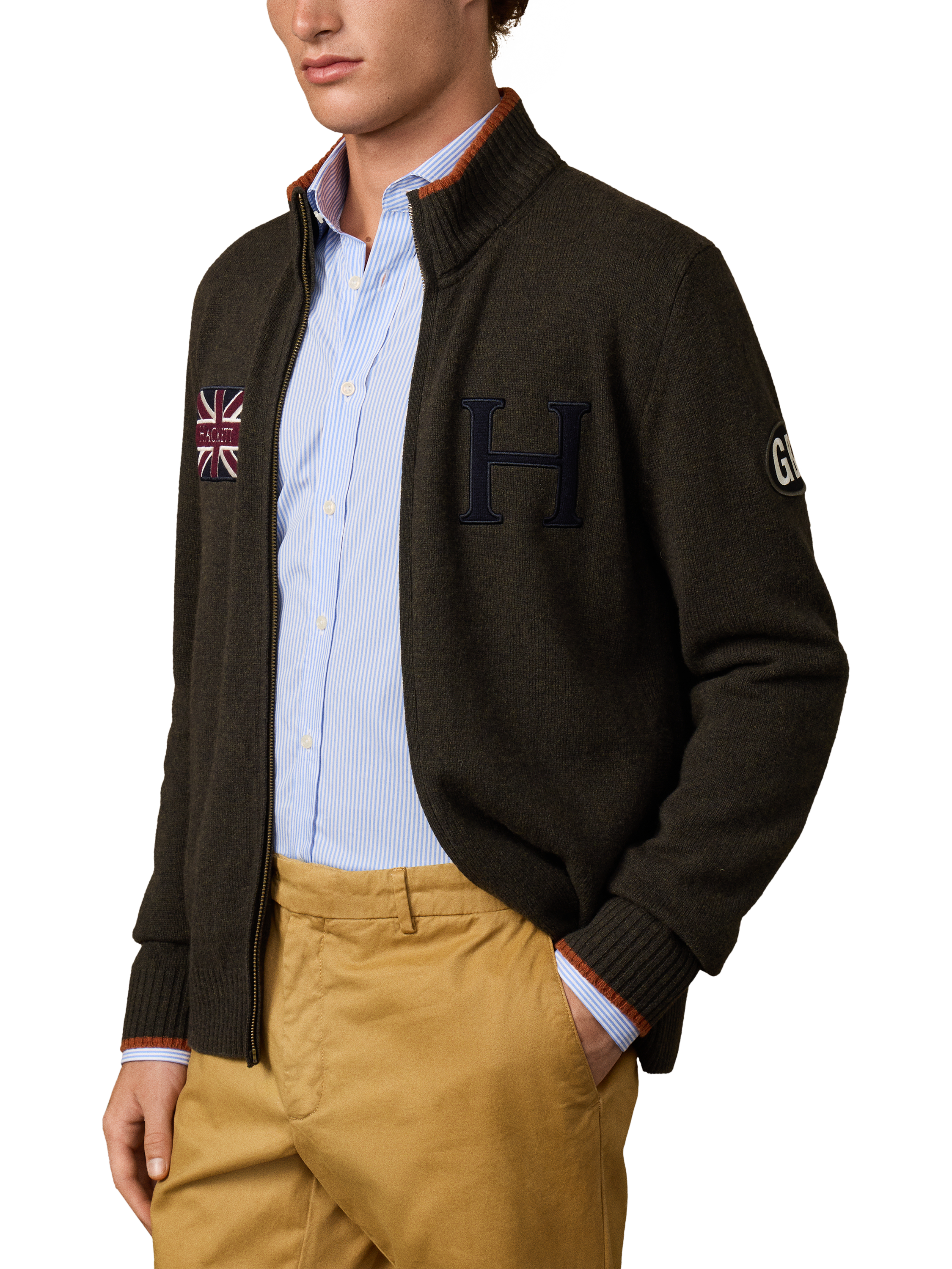 Product image 5 of 6, which shows Hackett London Wool Zip Neck Jersey Cardigan, Hunter Green, XXXL
