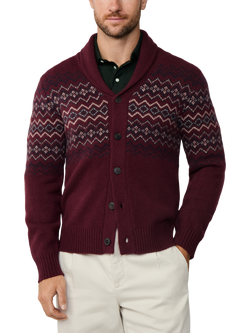Hackett London Superfine Lambswool Knitted Fairisle Cardigan, Burgundy Red, Burgundy Red