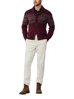 Hackett London Superfine Lambswool Knitted Fairisle Cardigan, Burgundy Red - view 2, Burgundy Red