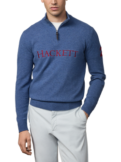 Hackett London Wool Zip Neck Jumper, Eton Blue