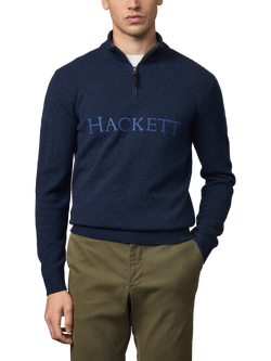 Hackett London Wool High Zip Neck Jumper, Ink Blue