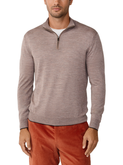 Hackett London Merino Wool Silk Blend Quarter-Zip Jumper, Midnight Blue, Taupe Beige