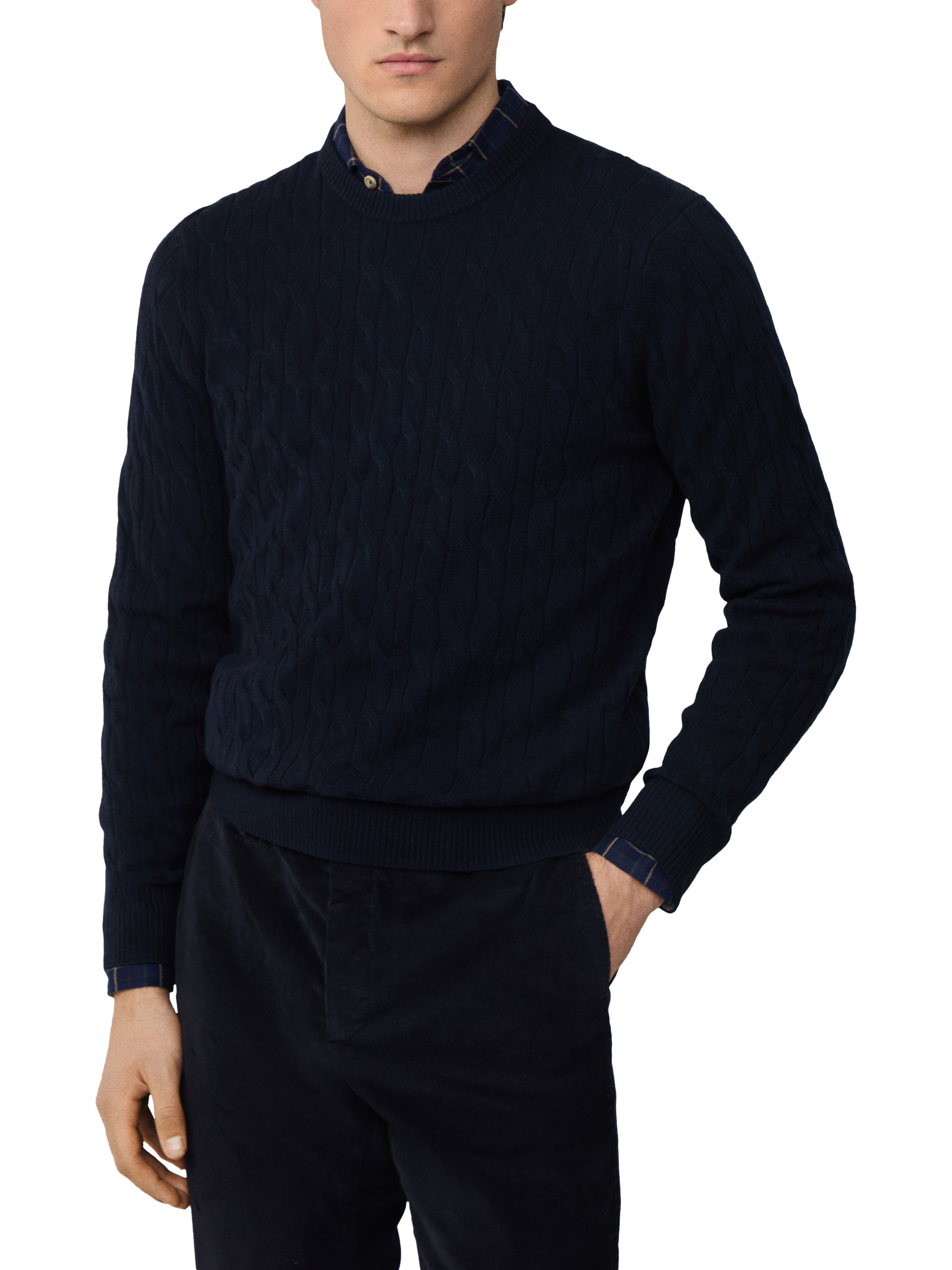 Product image 1 of 7, which shows Hackett London Classic Cable Crew Neck Wool Jumper, Midnight Blue, XXXL